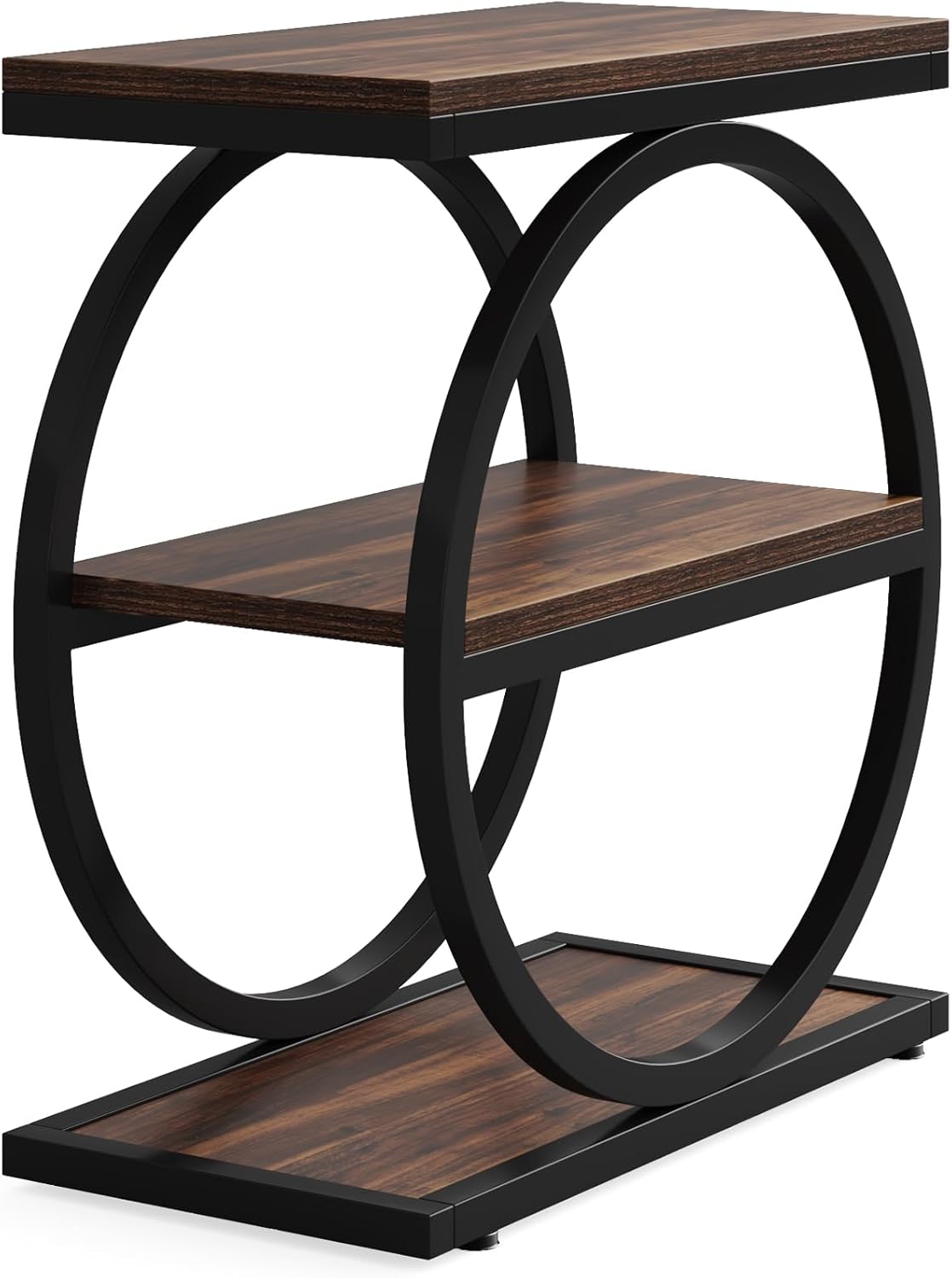 Industriële Bijzettafel met Drie Planken, Smalle Houten Zijtafel met Zwarte Metalen Frame
