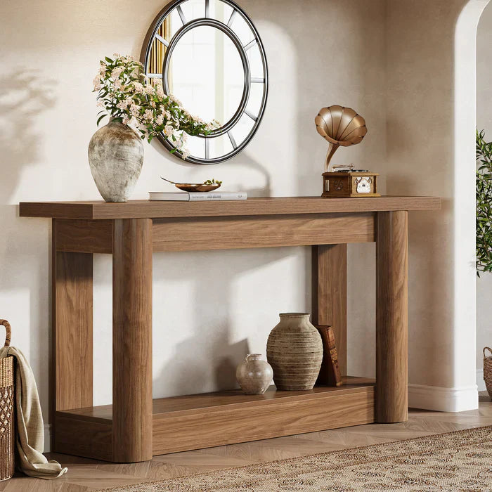 160 cm Landelijke Console met 2 Planken, Smalle Lange Salontafel in Rustiek Bruin voor Hal en Entree
