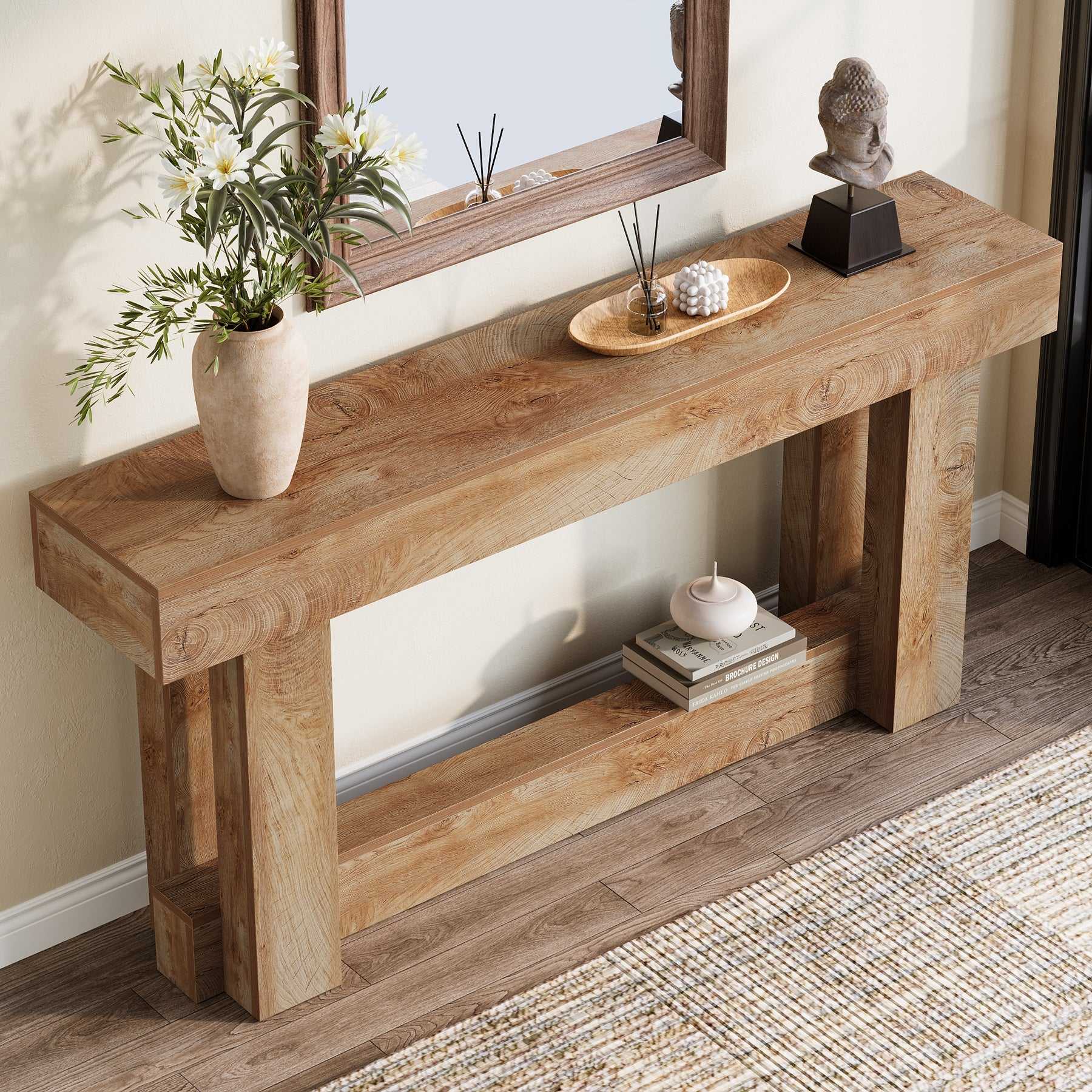 160 cm Lange Consoletafel met Opbergruimte, Tweelaags Bijzettafel in Warmbruin achter de Bank