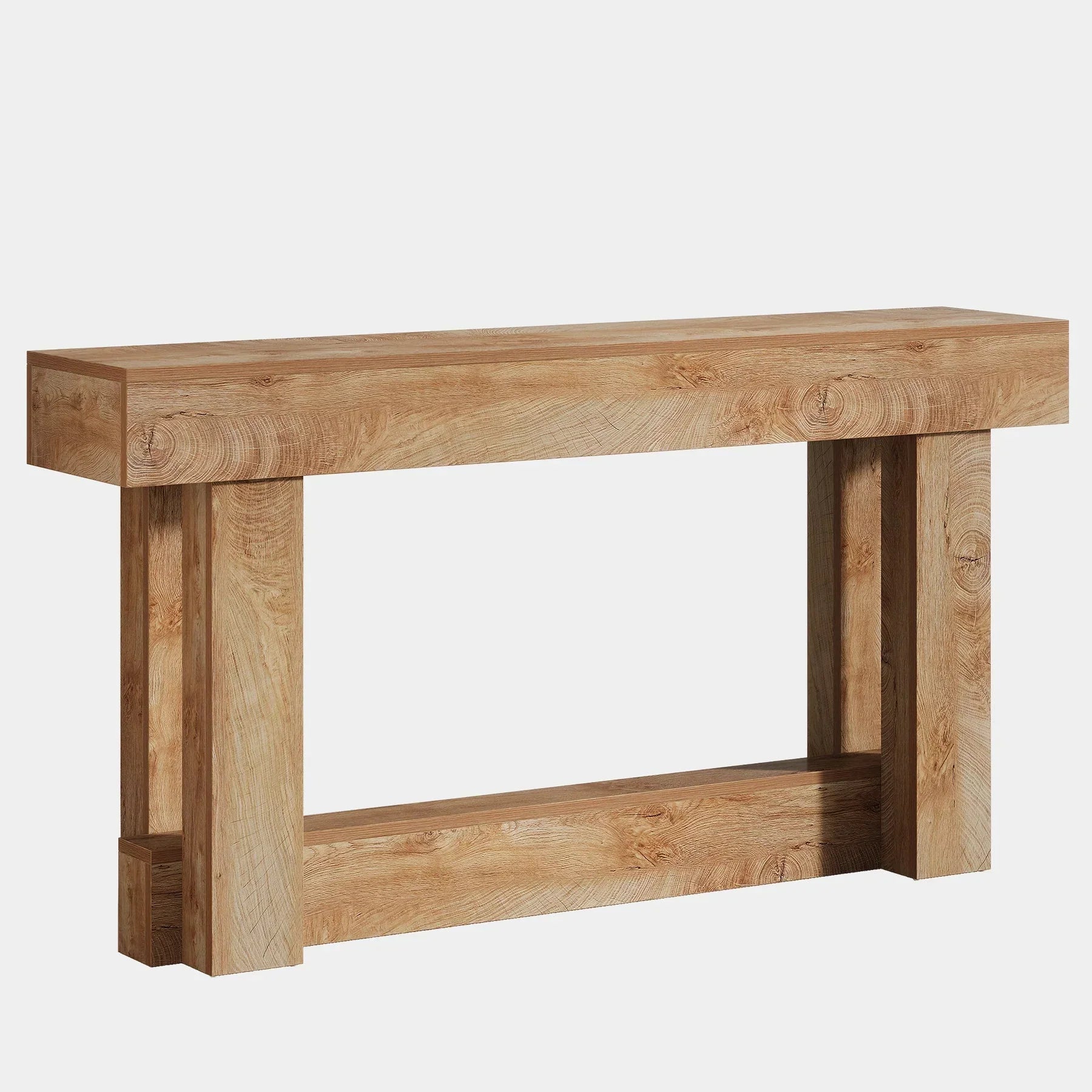 160 cm Lange Consoletafel met Opbergruimte, Tweelaags Bijzettafel in Warmbruin achter de Bank