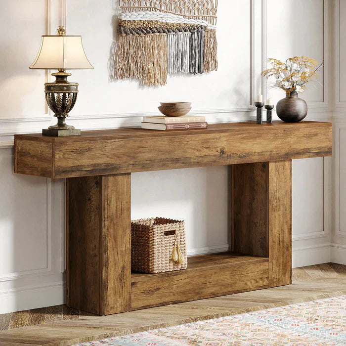 160 cm Boerenstijl Consoletafel, Tweelaagse Entreetafel met Opbergruimte in Rustiek Bruin