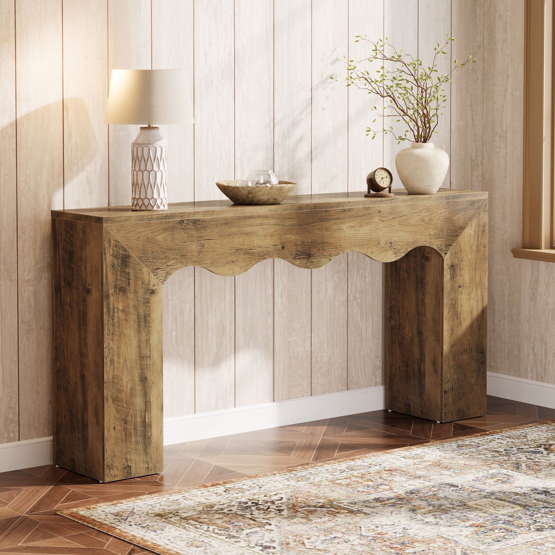 160 cm Consoletafel met Golvende Rand, Landelijke Smalle Haltafel met Opbergruimte voor Woonkamer Entree