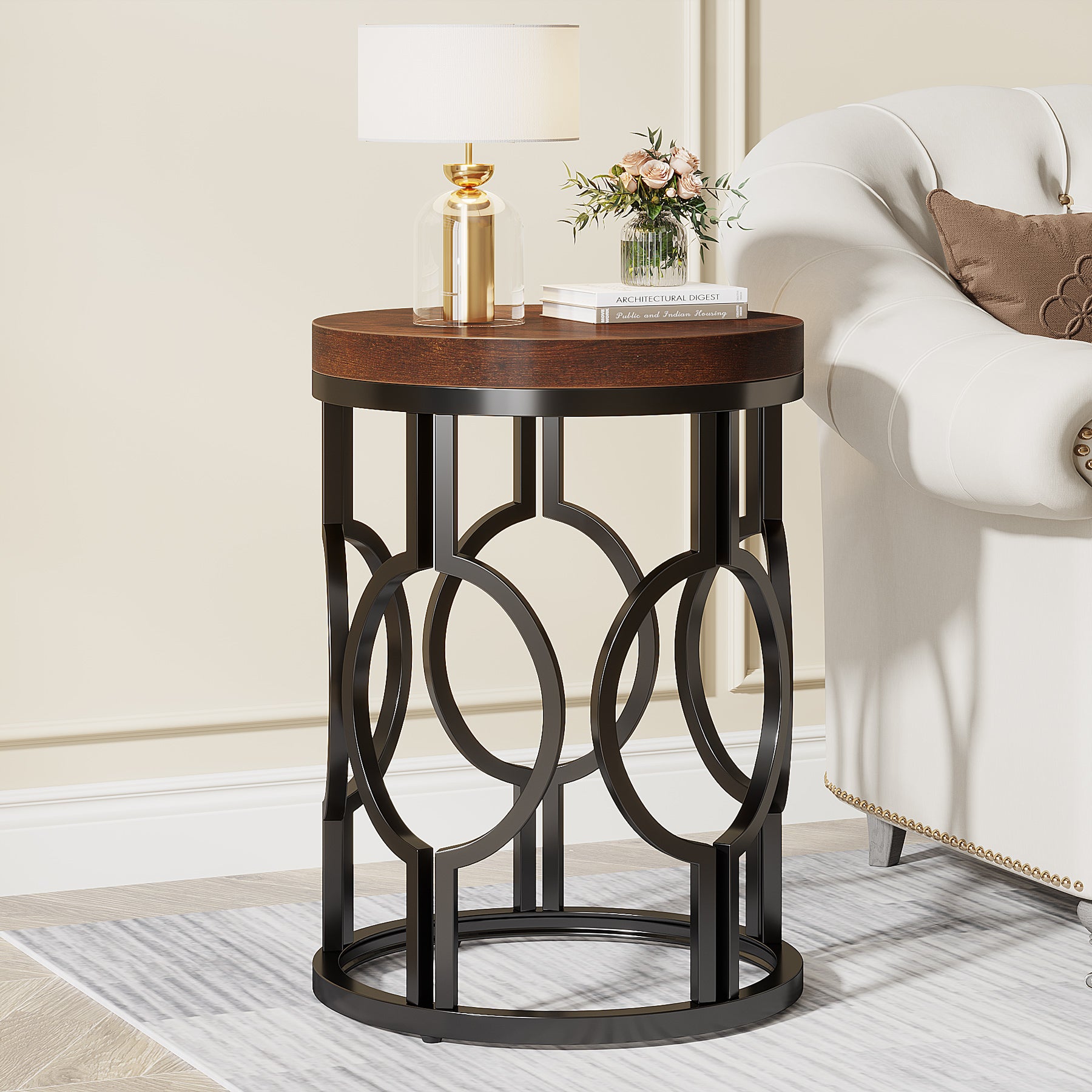 Ronde Bijzettafel van 45 cm met Industrieel Hol Metalen Frame
