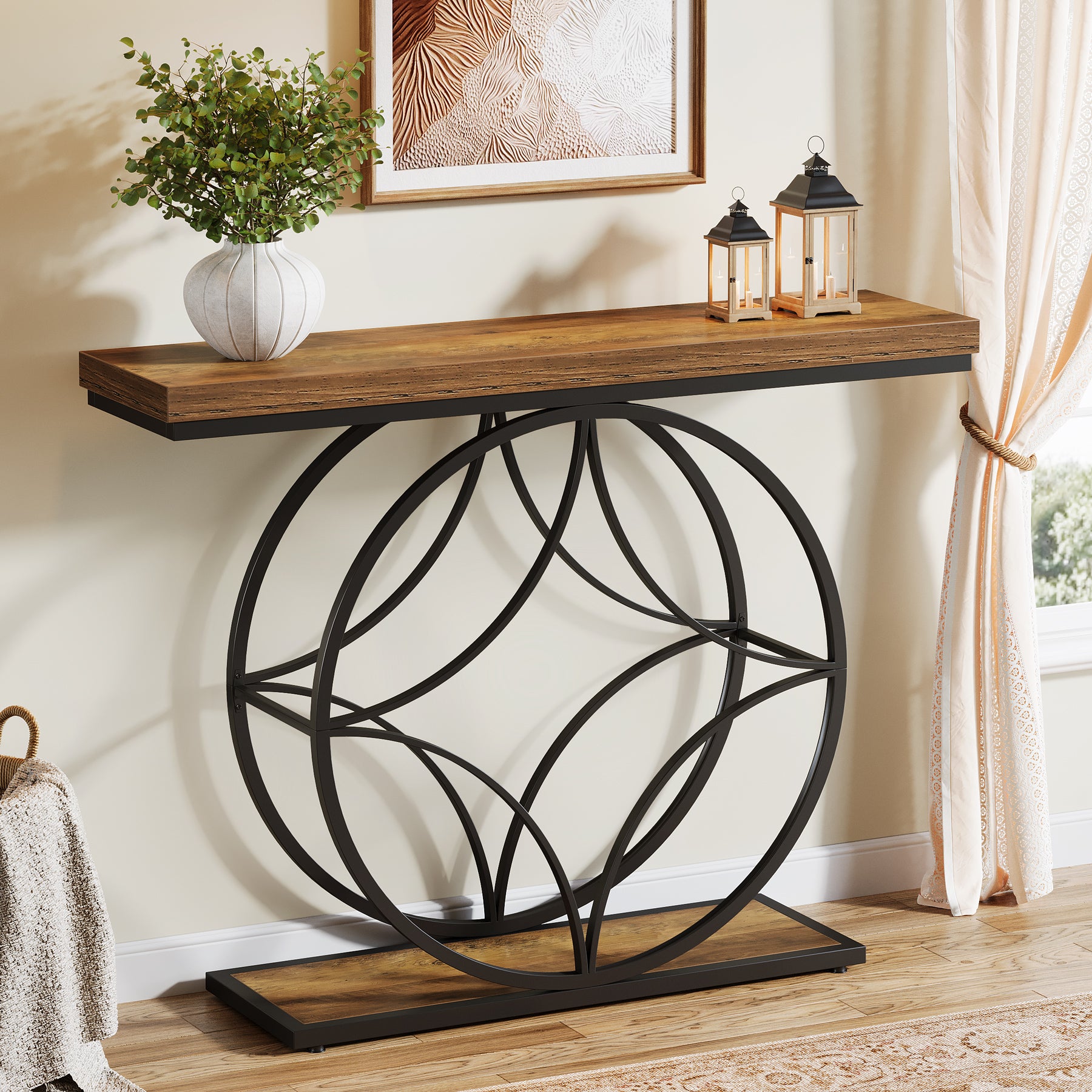 120 cm Industriële Consoletafel met 2 Niveaus Opslag, Smalle Haltafel Bruin