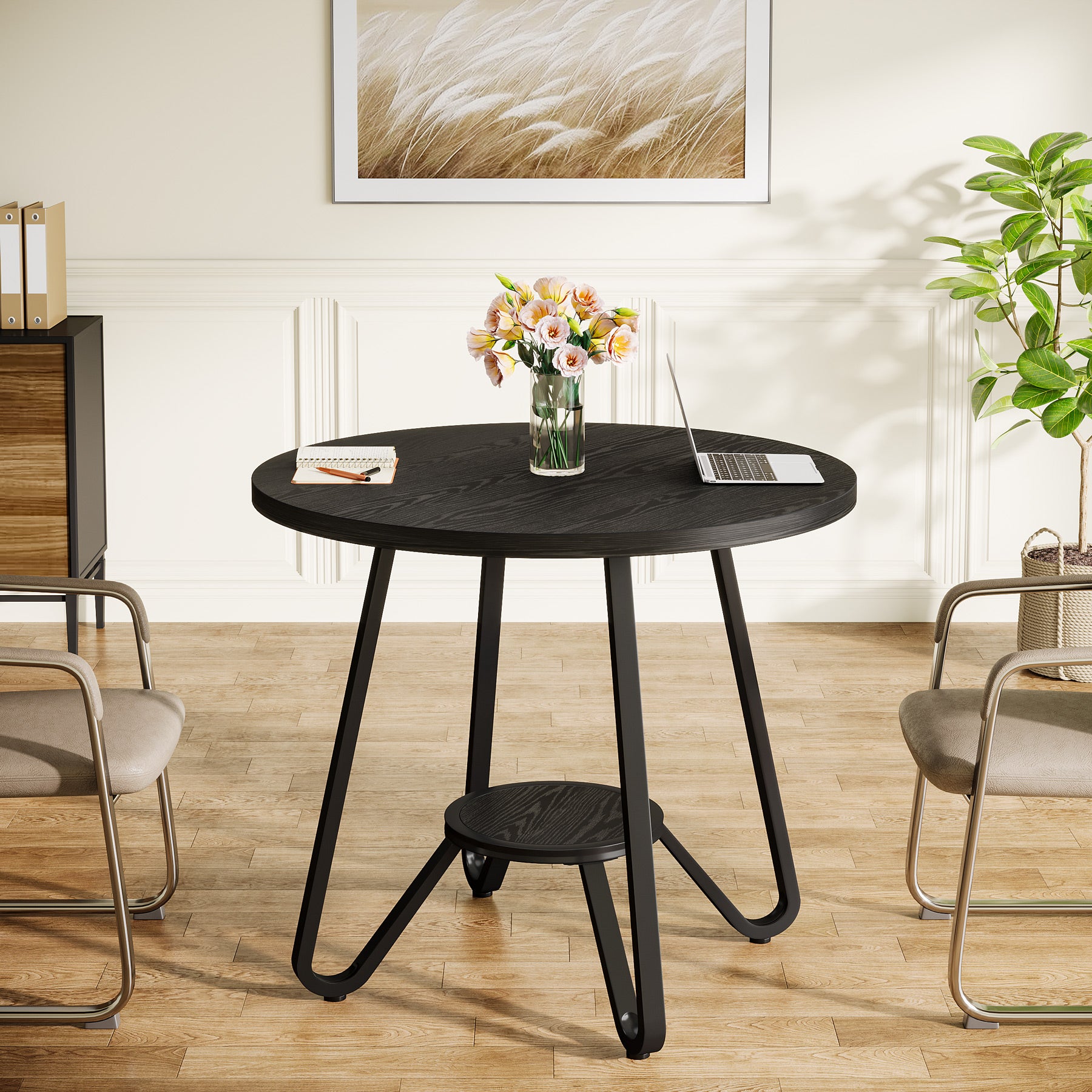 80 x 80 x 75 cm Ronde Conferentietafel voor 2-4 Personen, Compacte Houten Kantoortafel Bruin