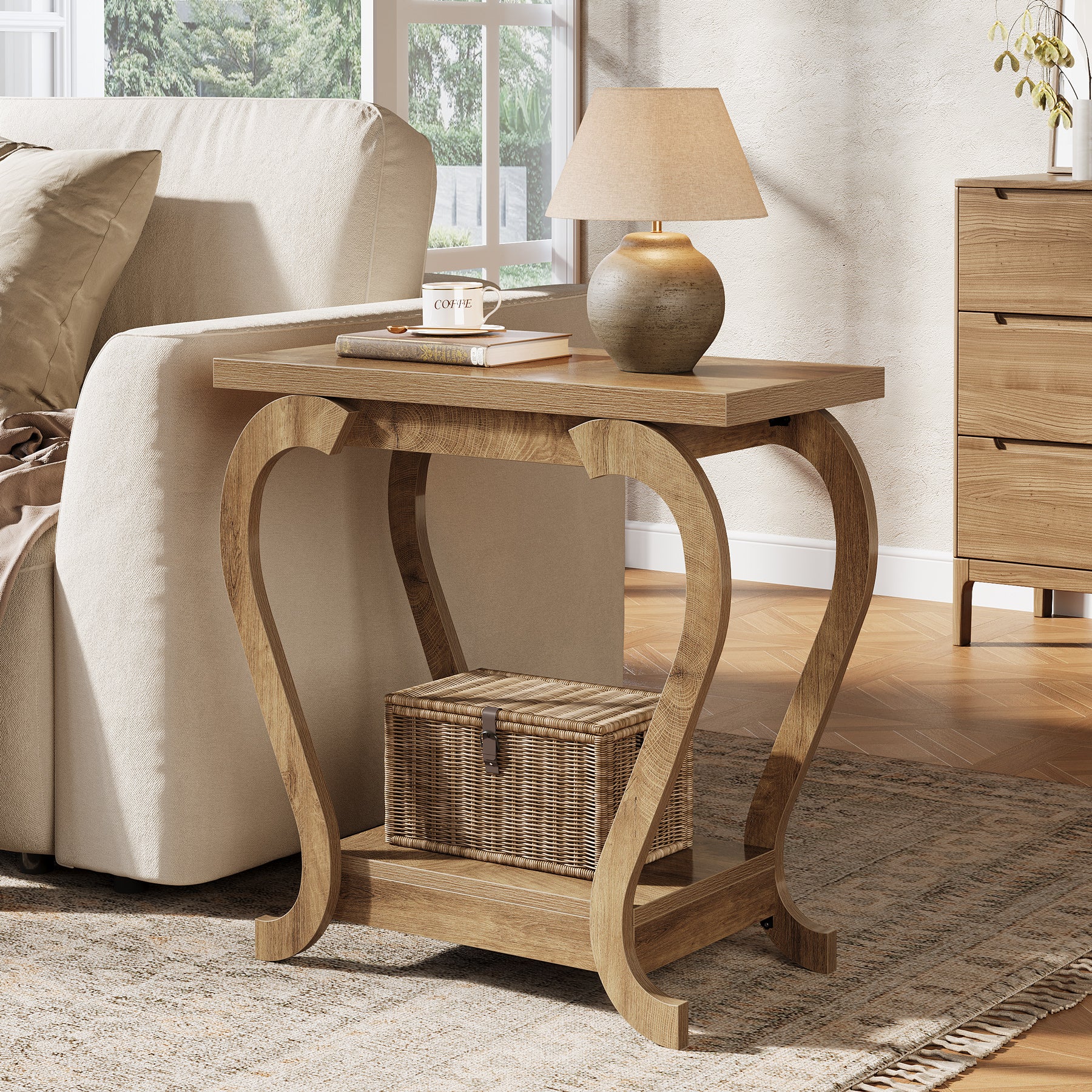 Bijzettafel met 2 Niveaus, Smalle Accent Tafel met Opbergrekken
