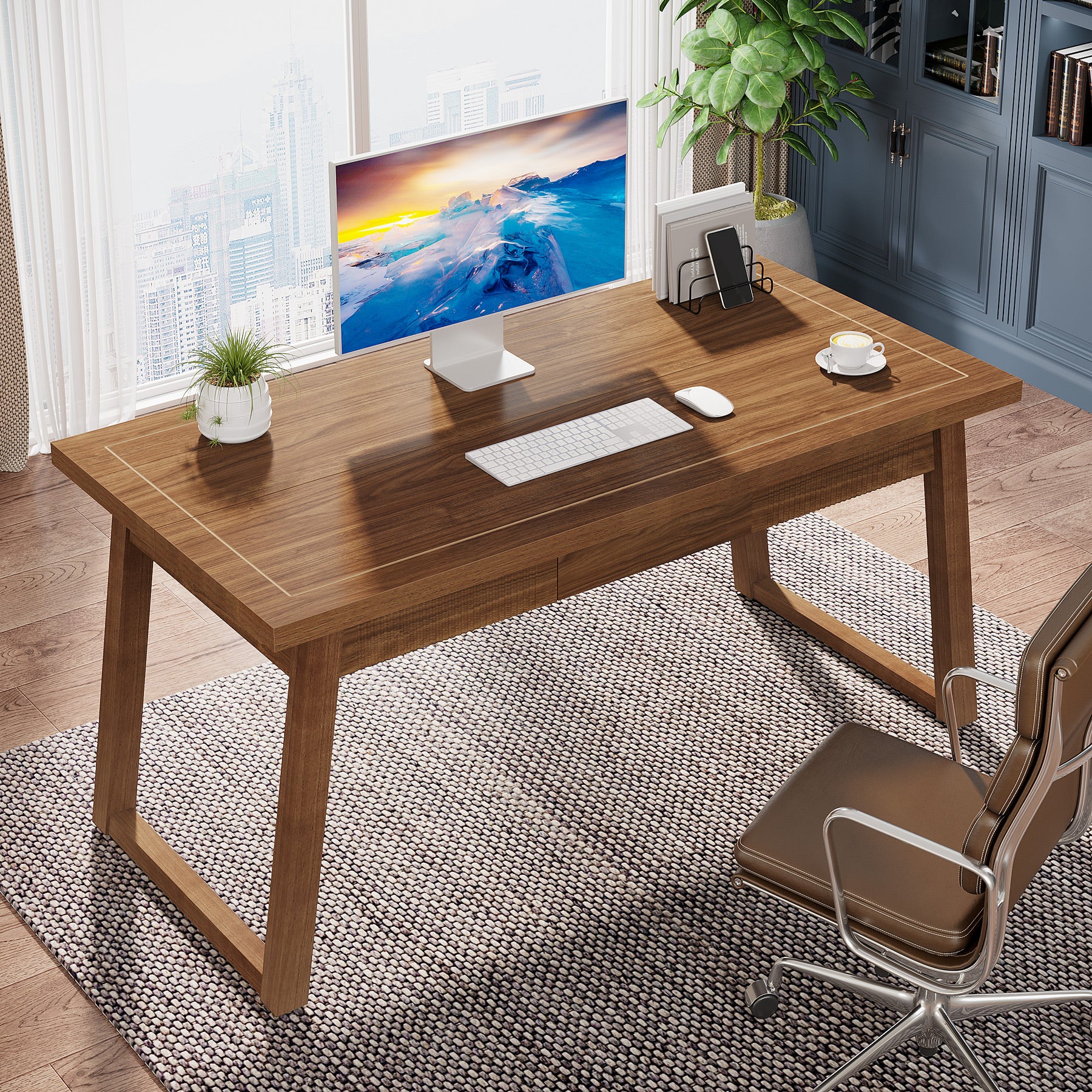 140 cm Computerbureau met Lade, Moderne Minimalistische Stijl van Hout
