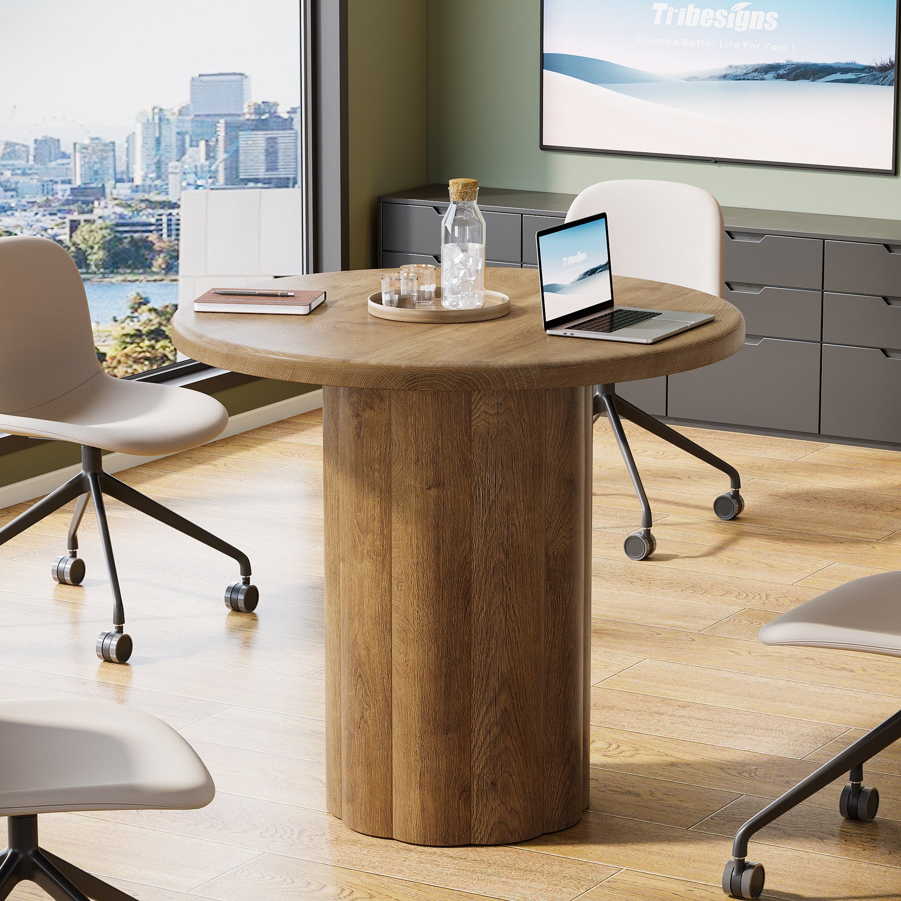 80 cm Ronde Conferentietafel voor 4 Personen, Stevige Basis voor Overlegruimte en Ontvangstbalie
