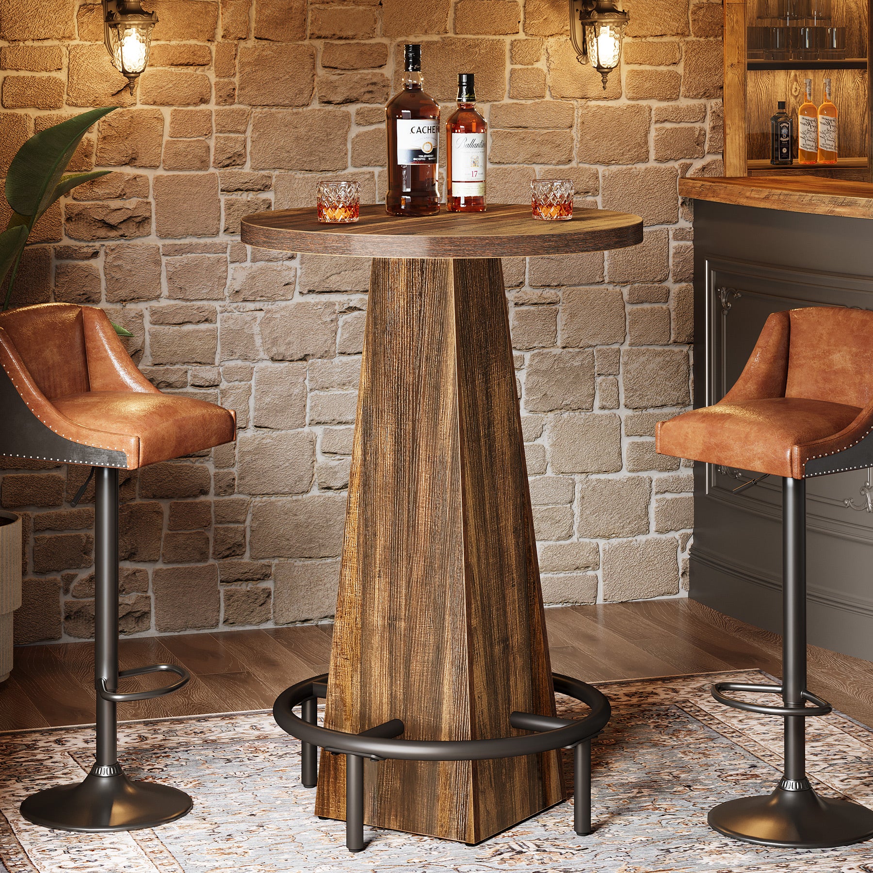 95 cm Ronde Bartafel met Metalen Voetring, Houten Bistro Statafel