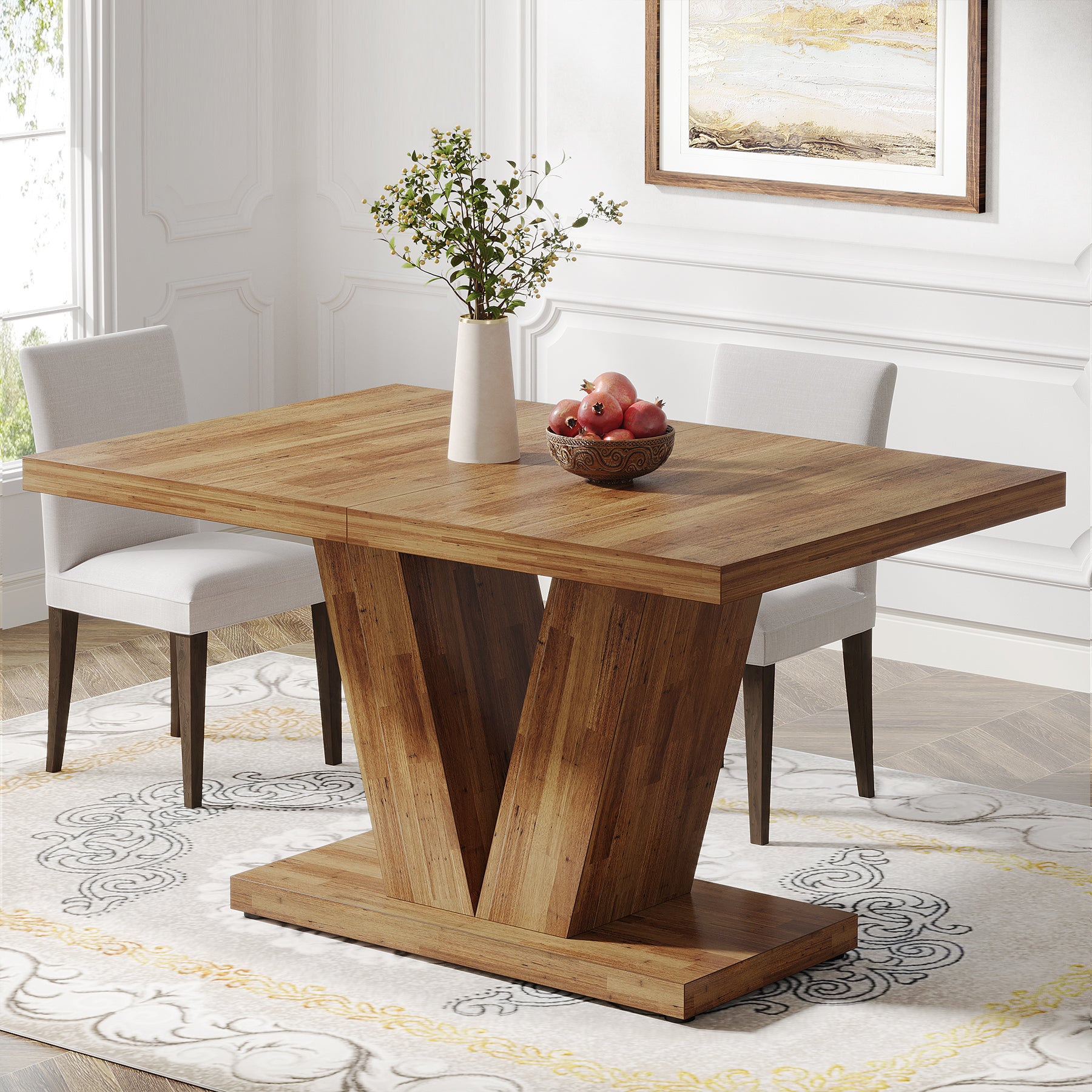 Witte Eettafel voor Vier Personen, 120 cm Landelijke Tafel met Zware Sokkel