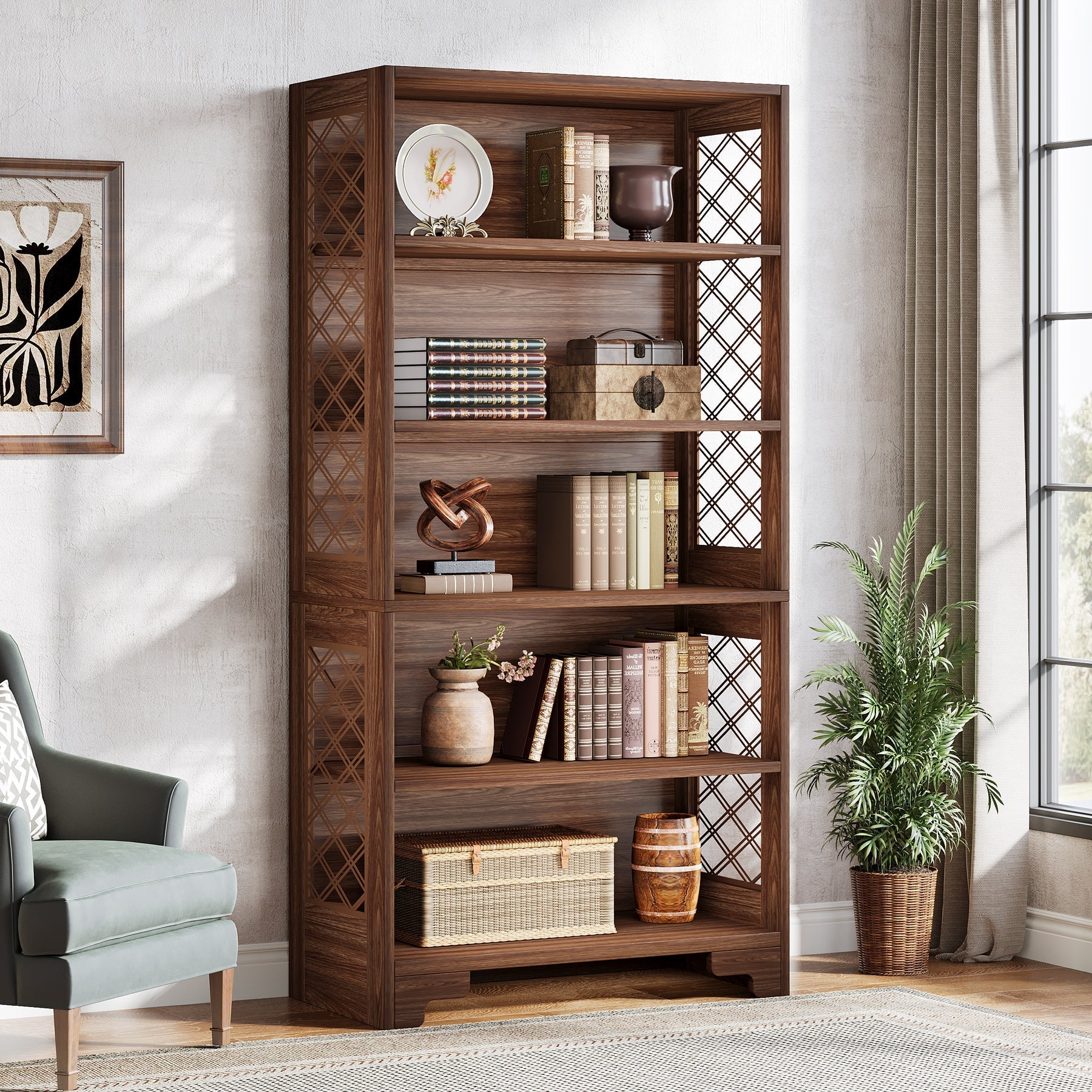 180 cm Hoge Boekenkast met Zes Planken, Mid-Century Boekenkast voor Woonkamer