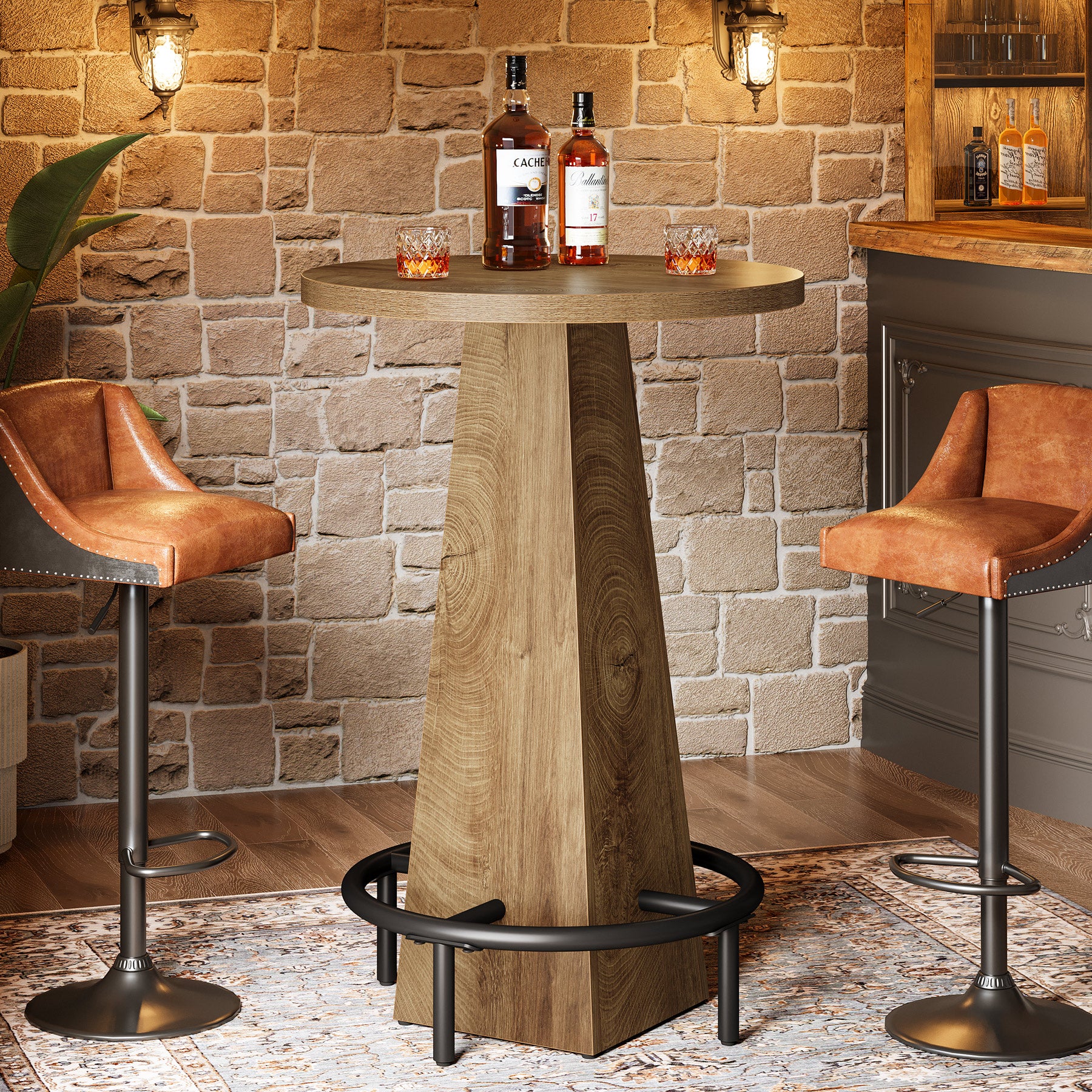 95 cm Ronde Bartafel met Metalen Voetring, Houten Bistro Statafel