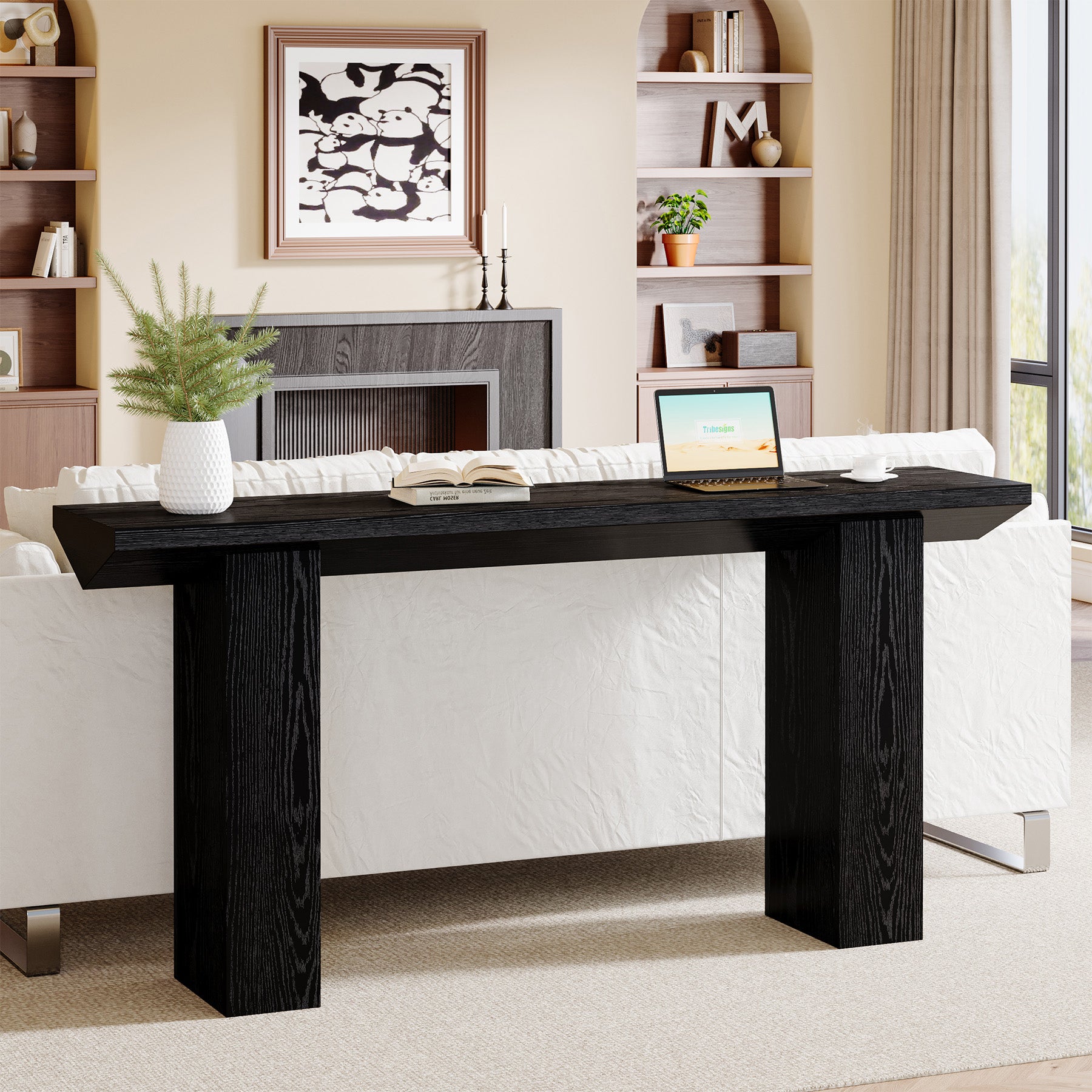 160 cm Smalle Salontafel voor Achter de Bank, Zwart Houten Haltafel voor Woonkamer en Entree
