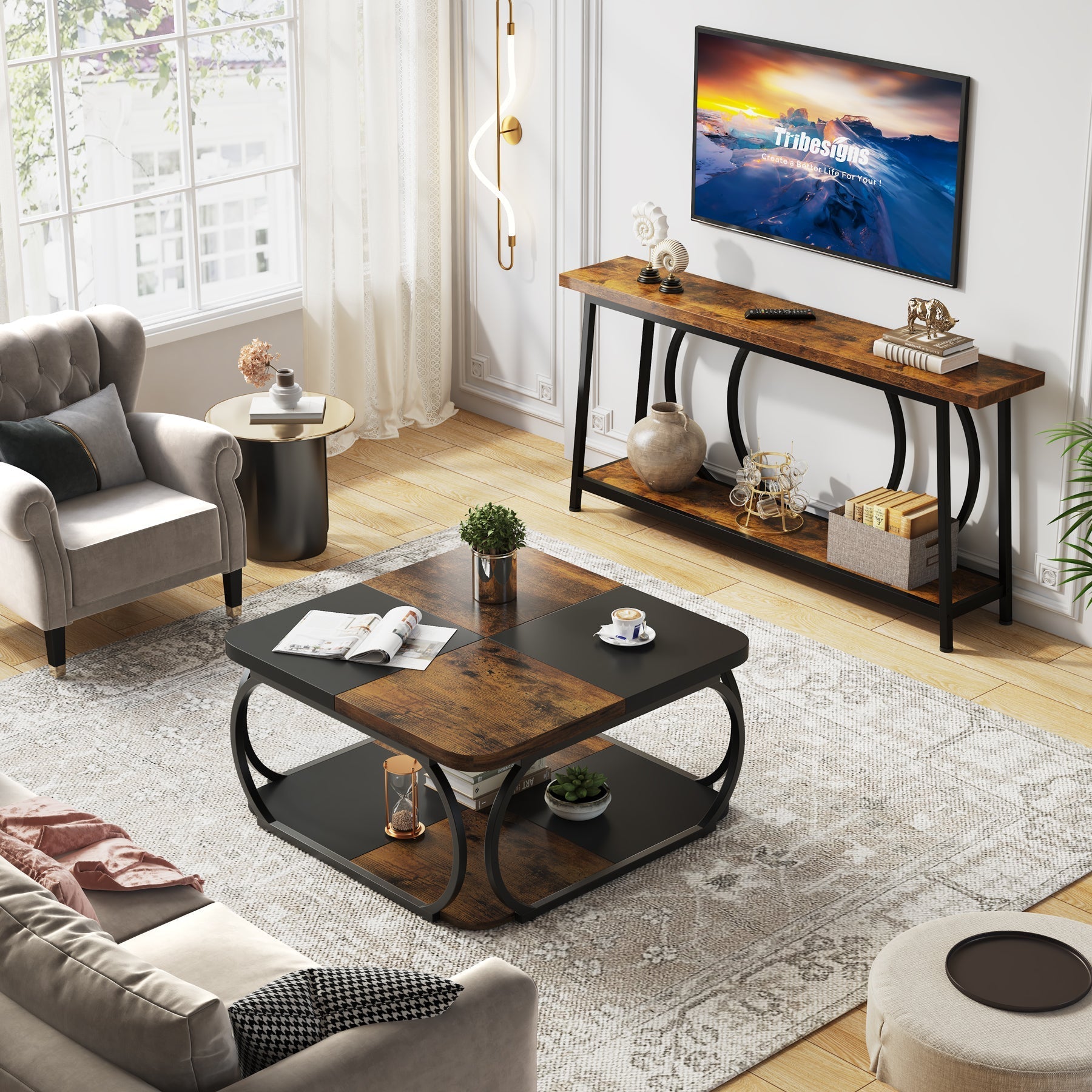 100 cm Vierkante Salontafel met Dubbele Planken, Landelijke Tafel met Metal Frame
