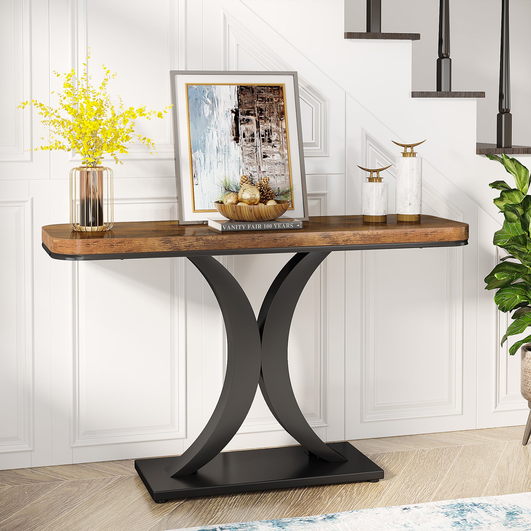 100 cm Industriële Consoletafel, Smalle Haltafel met Geometrische Basis voor Entree