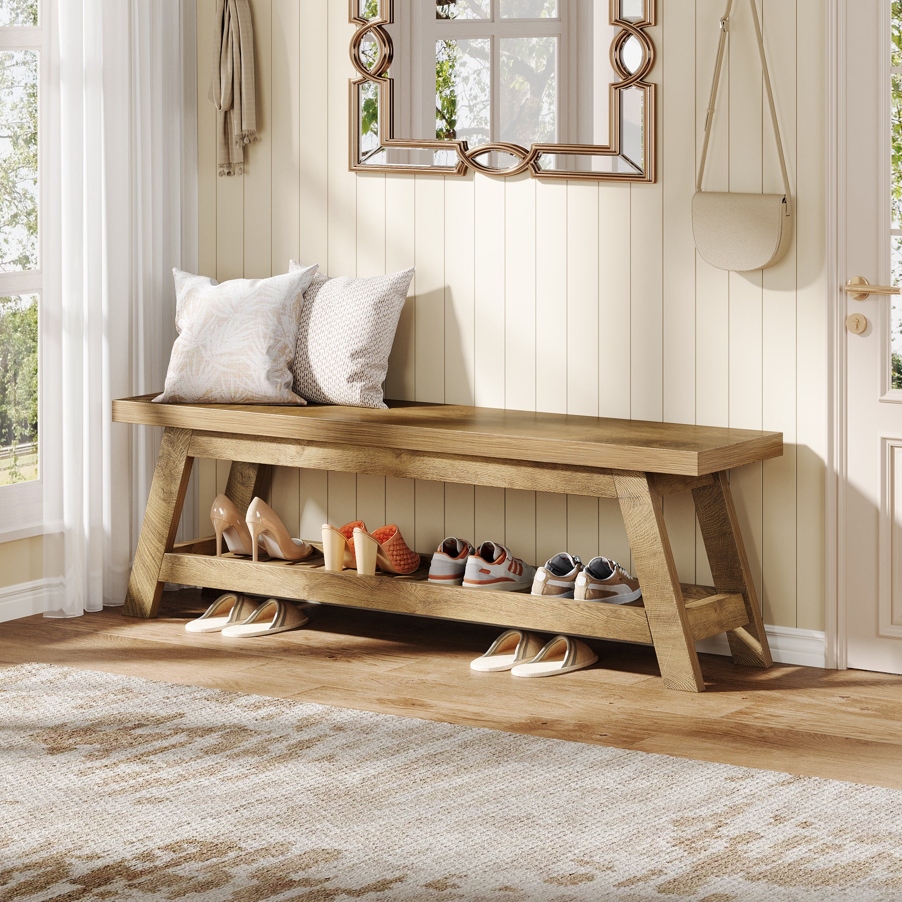 140 cm Houten Halbank met Opbergruimte, Smalle Schoenenbank met 2 Planken