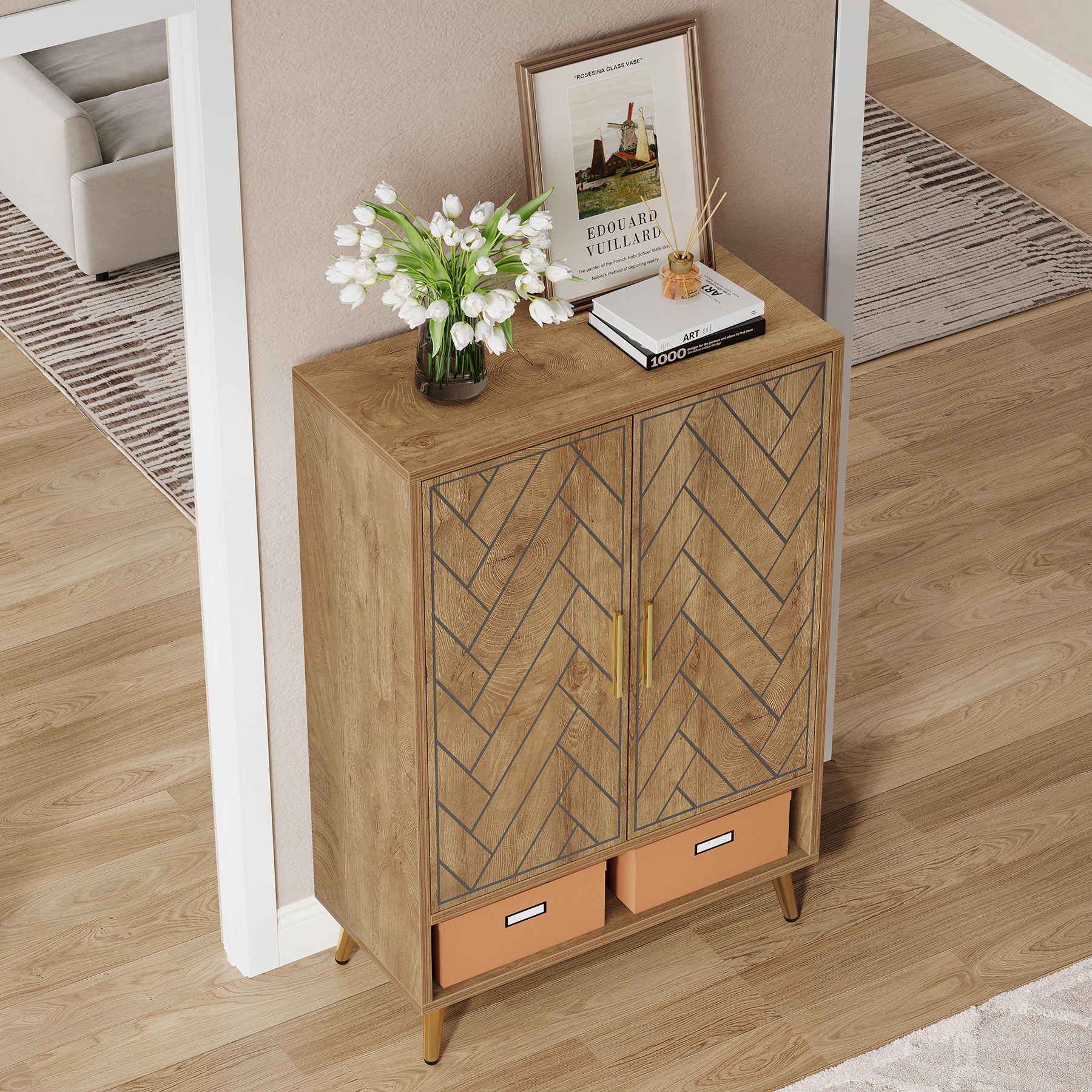 110 cm Schoenenkast met Deuren, Notenhouten Opbergmeubel met Zes Planken voor Hal en Slaapkamer