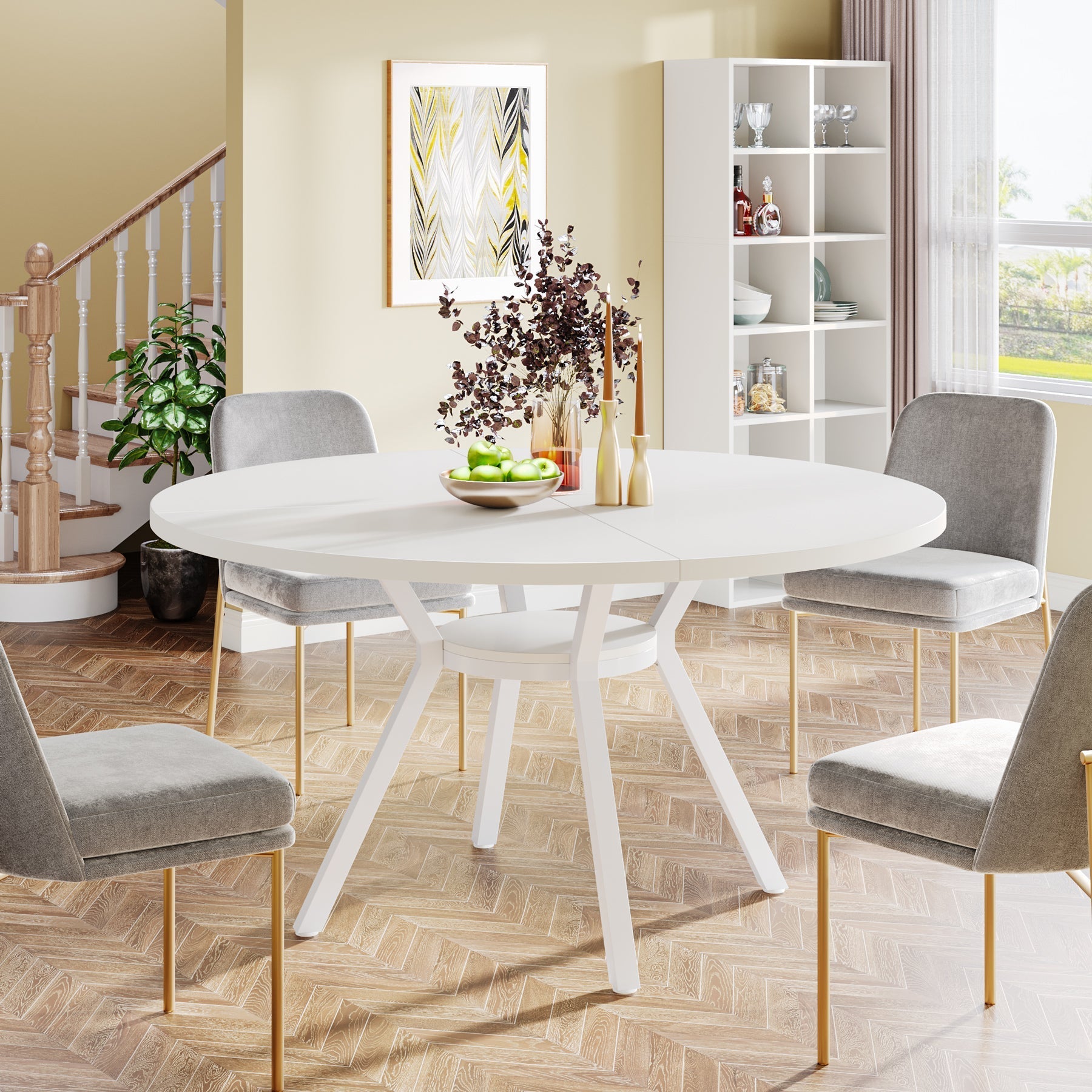 120 cm Eettafel voor 4-6 Personen, Ronde Tafel met Opbergruimte
