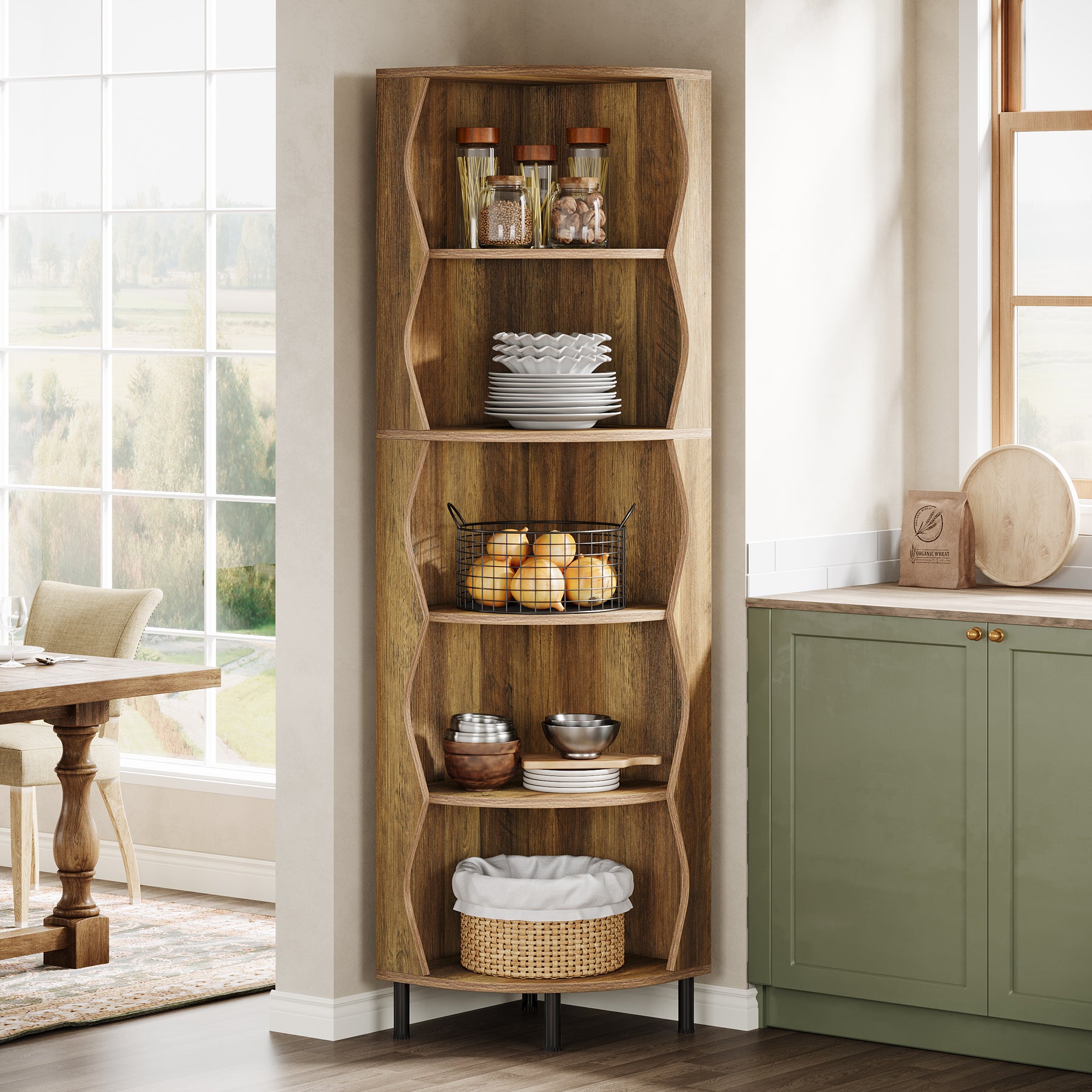 182 cm Hoge Hoekkast, Vijfplanken Opbergmeubel voor Woonkamer en Slaapkamer