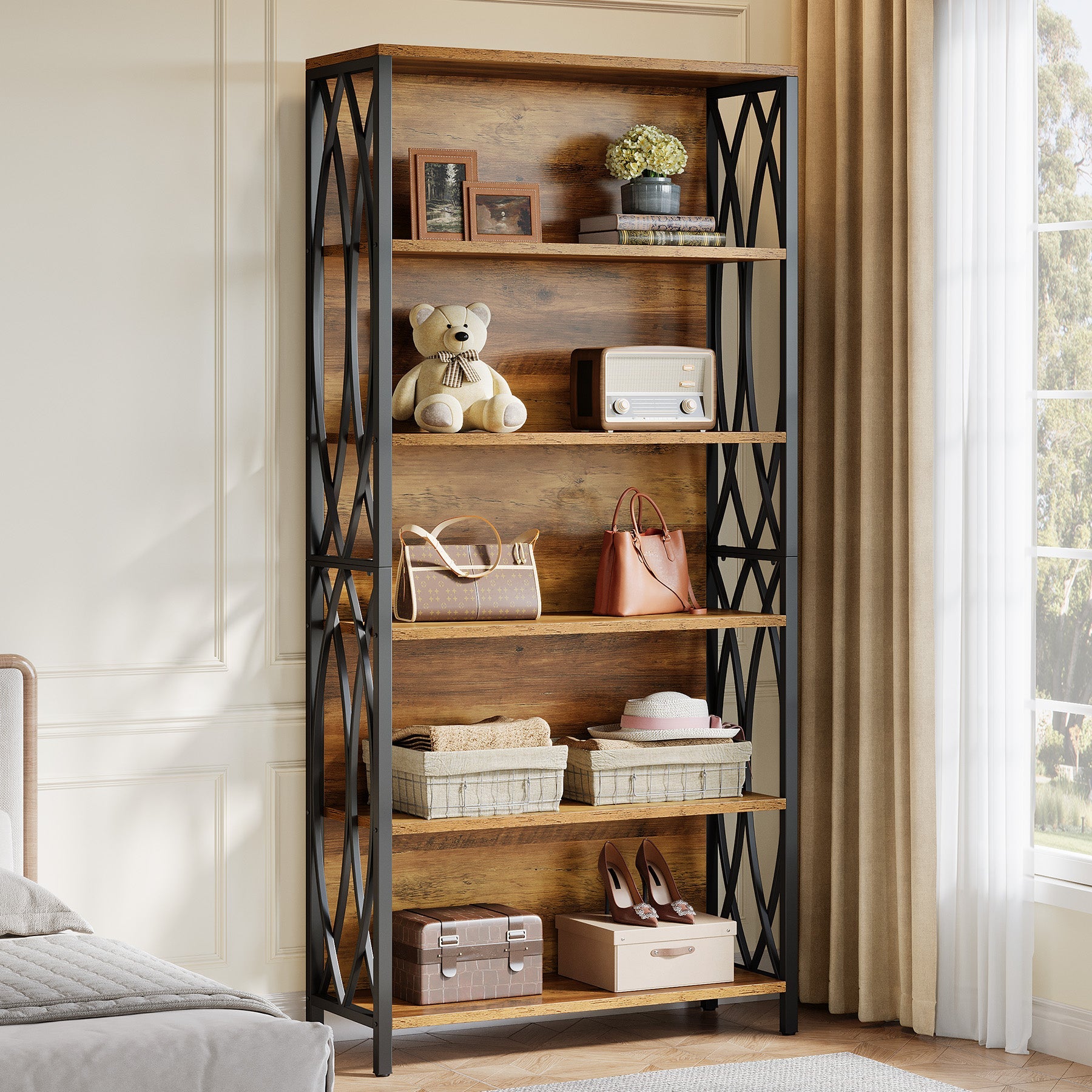6-lags Boekenkast, 180 cm Industriële Boekenkast met Geometrisch Metalen Frame