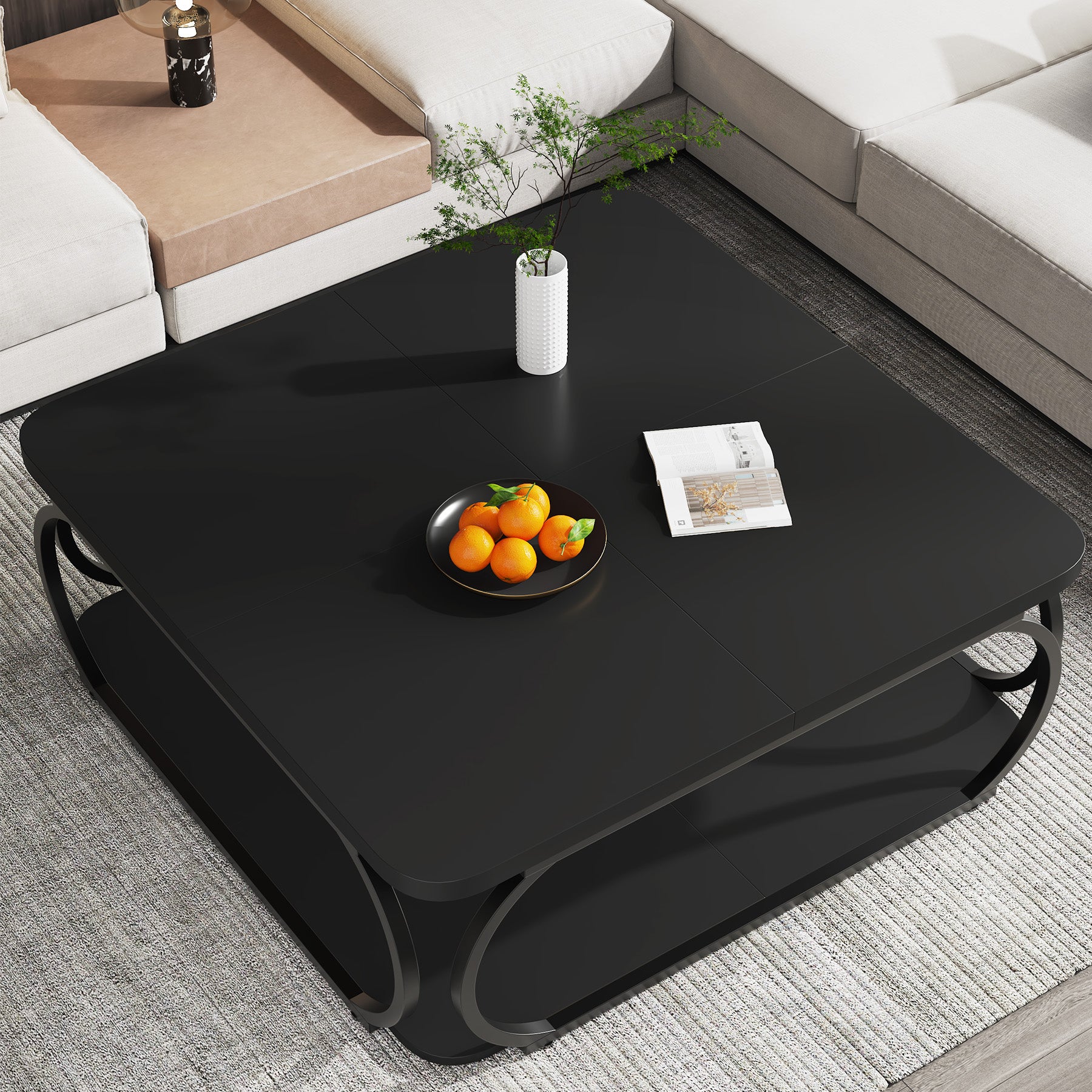100 cm Vierkante Salontafel met Dubbele Planken, Landelijke Tafel met Metal Frame