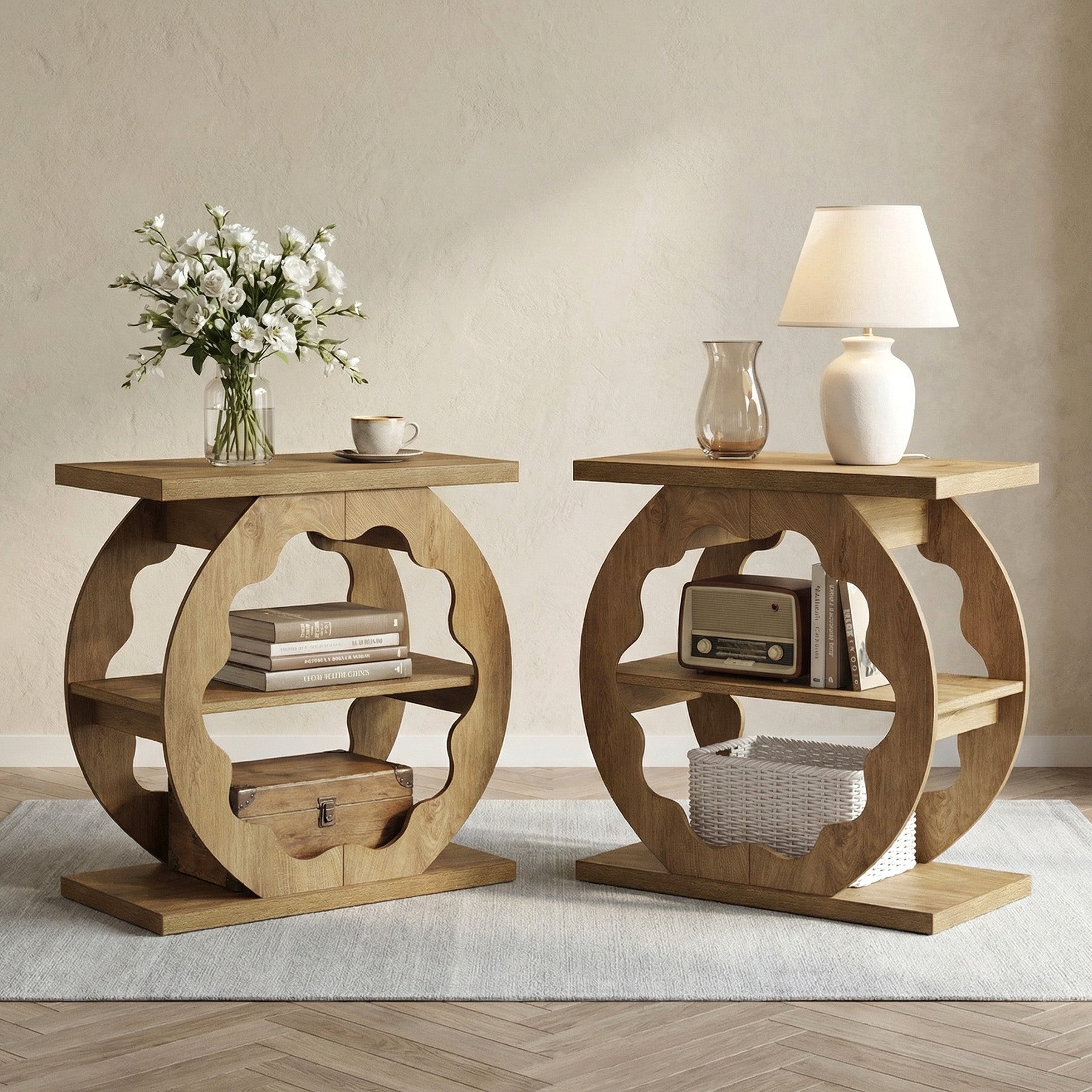 60 cm Smalle Bijzettafel met 3 Niveaus en Opbergrek, Houten Tafel voor Slaapkamer en Kleine Ruimtes