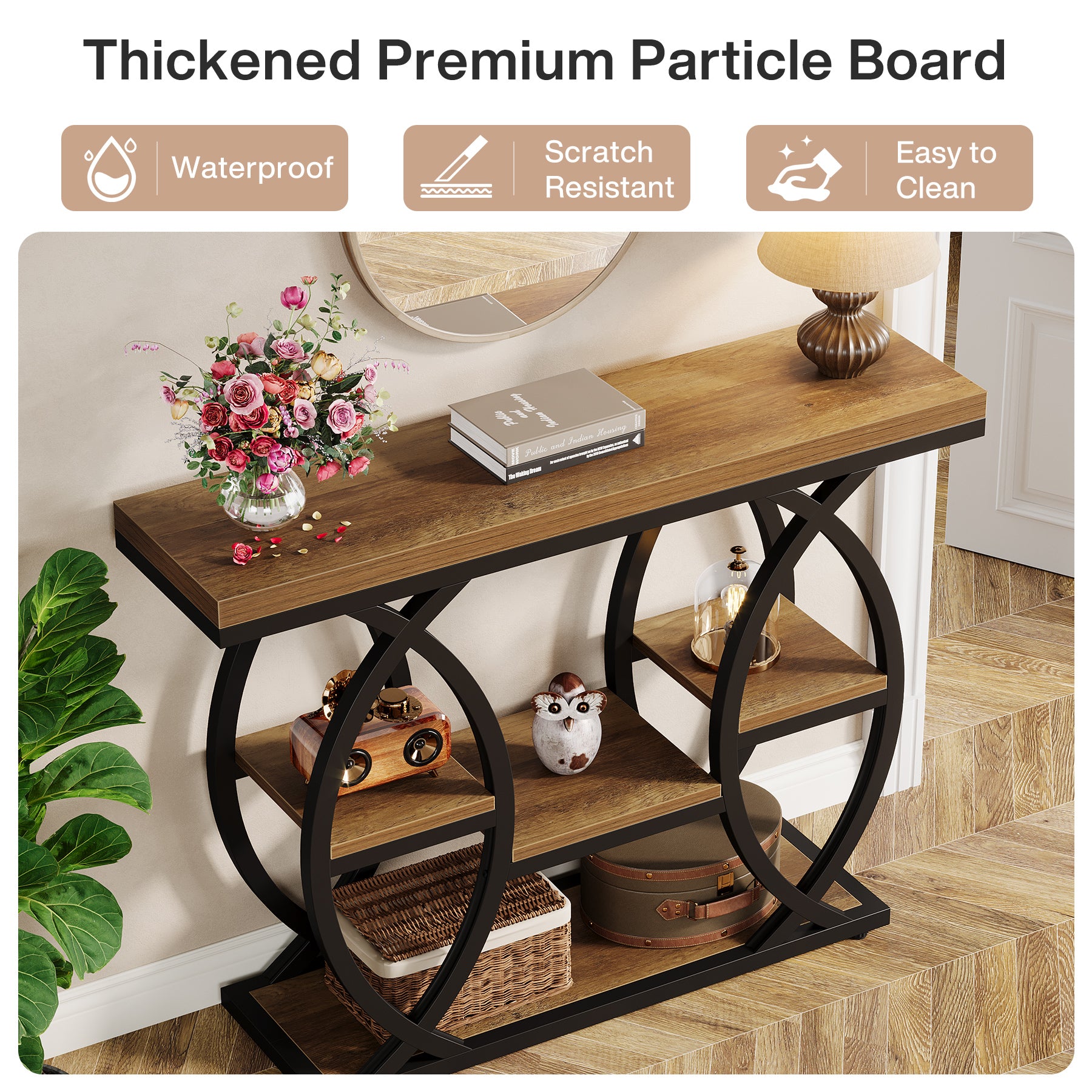 Industrieel Consoletafel 100 cm met 4 Opbergplanken, Smalle Houten Bijzettafel voor hal en Kleine Ruimtes