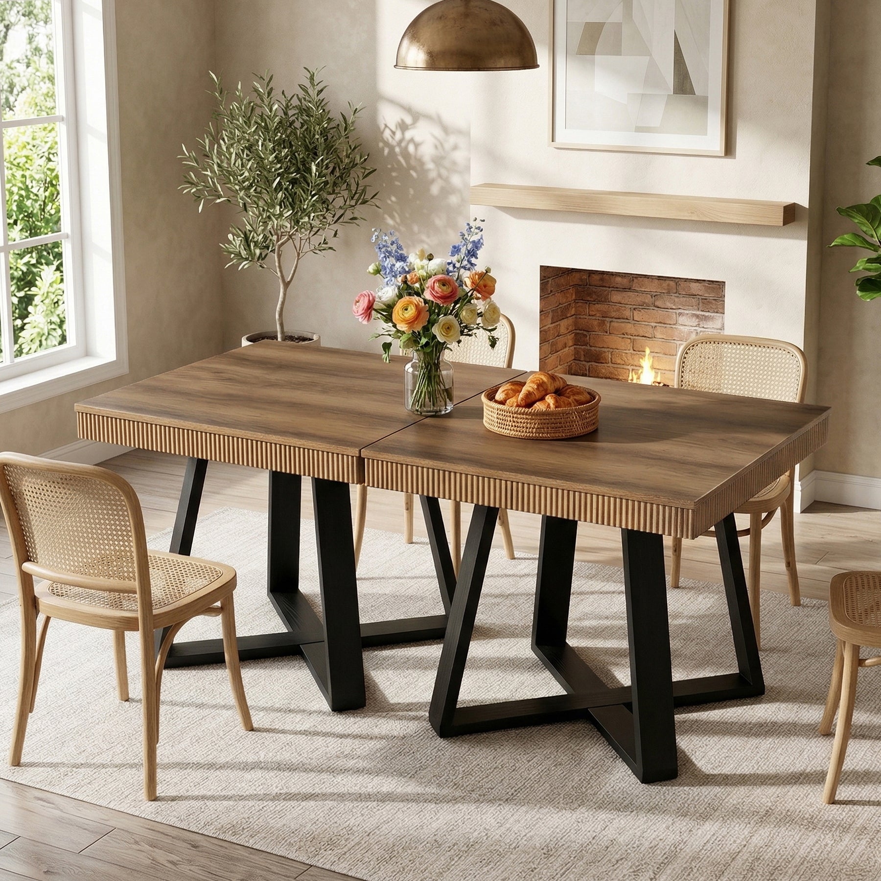 80 cm Vierkante Eettafel voor 4 Personen, Landelijke Houten Tafel met Geribbelde Rand en X-Basis voor Kleine Ruimtes