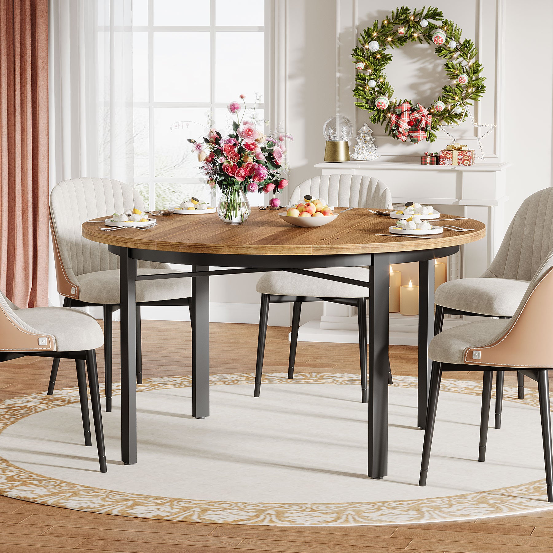 118,5 cm Ronde Eettafel Voor 4-6 Personen, Solide Metalen Poten Voor Keuken of Eetkamer