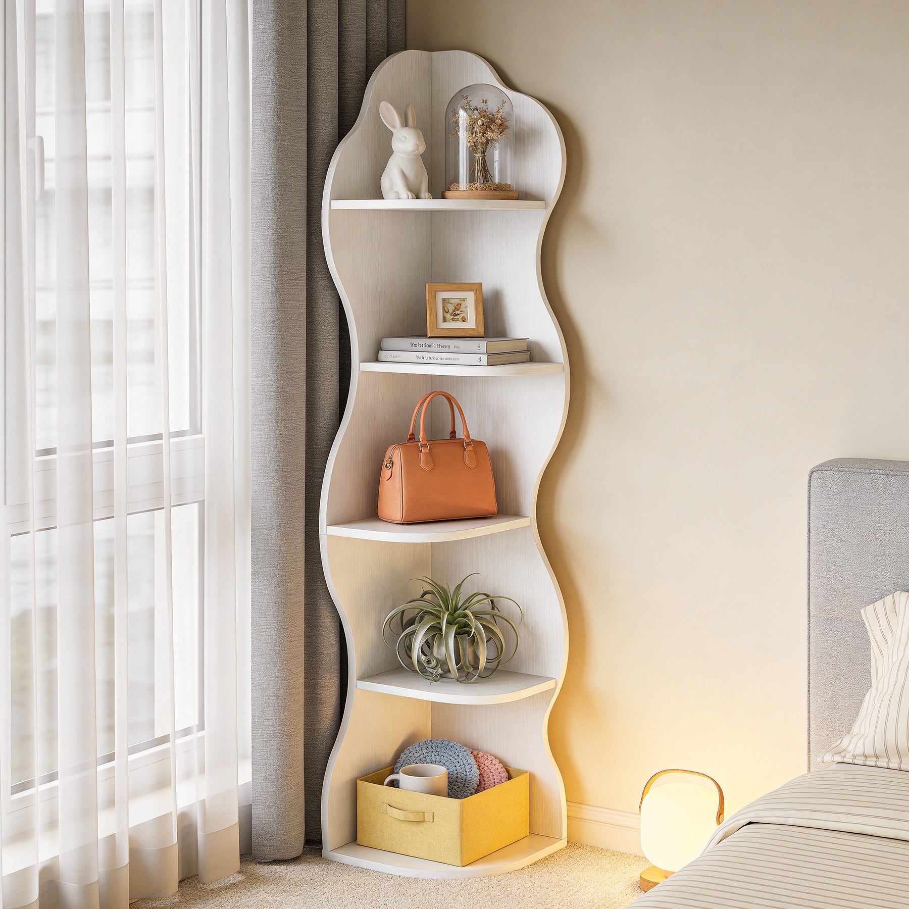 174 cm Hoekboekenkast met 5 Planken, Witte Hoekkast voor Woonkamer