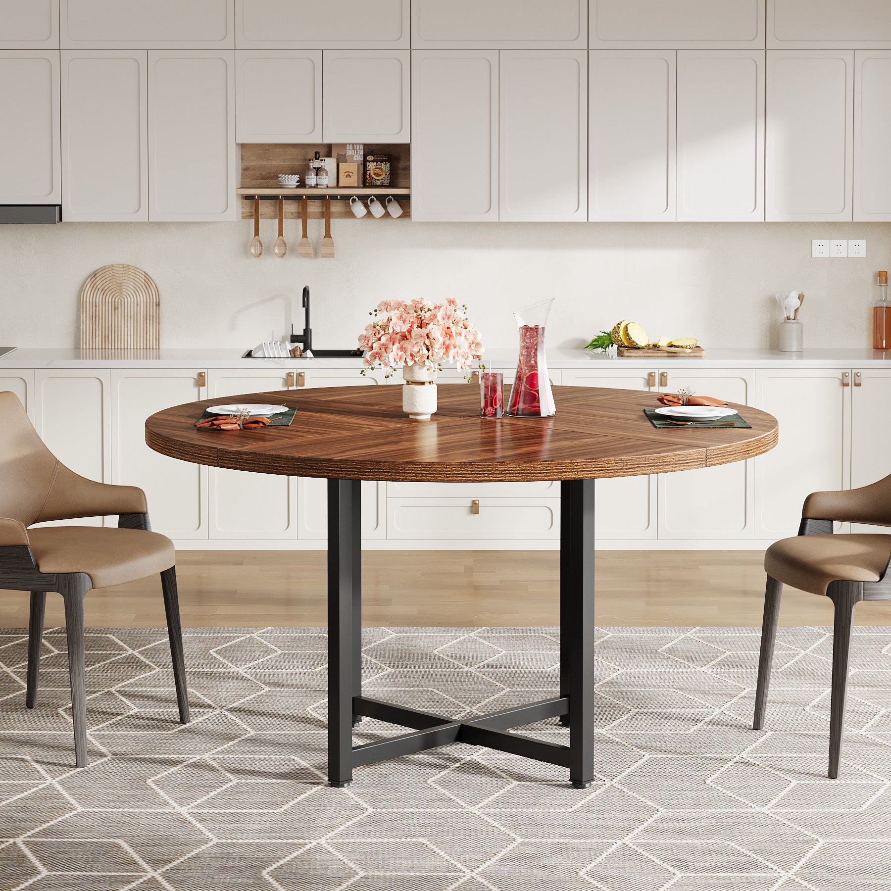 Tribesigns 120 cm Ronde Eettafel voor 4-6 Personen, Houten Tafel met Stevige Kruismetalen Poten voor Keuken en Woonkamer