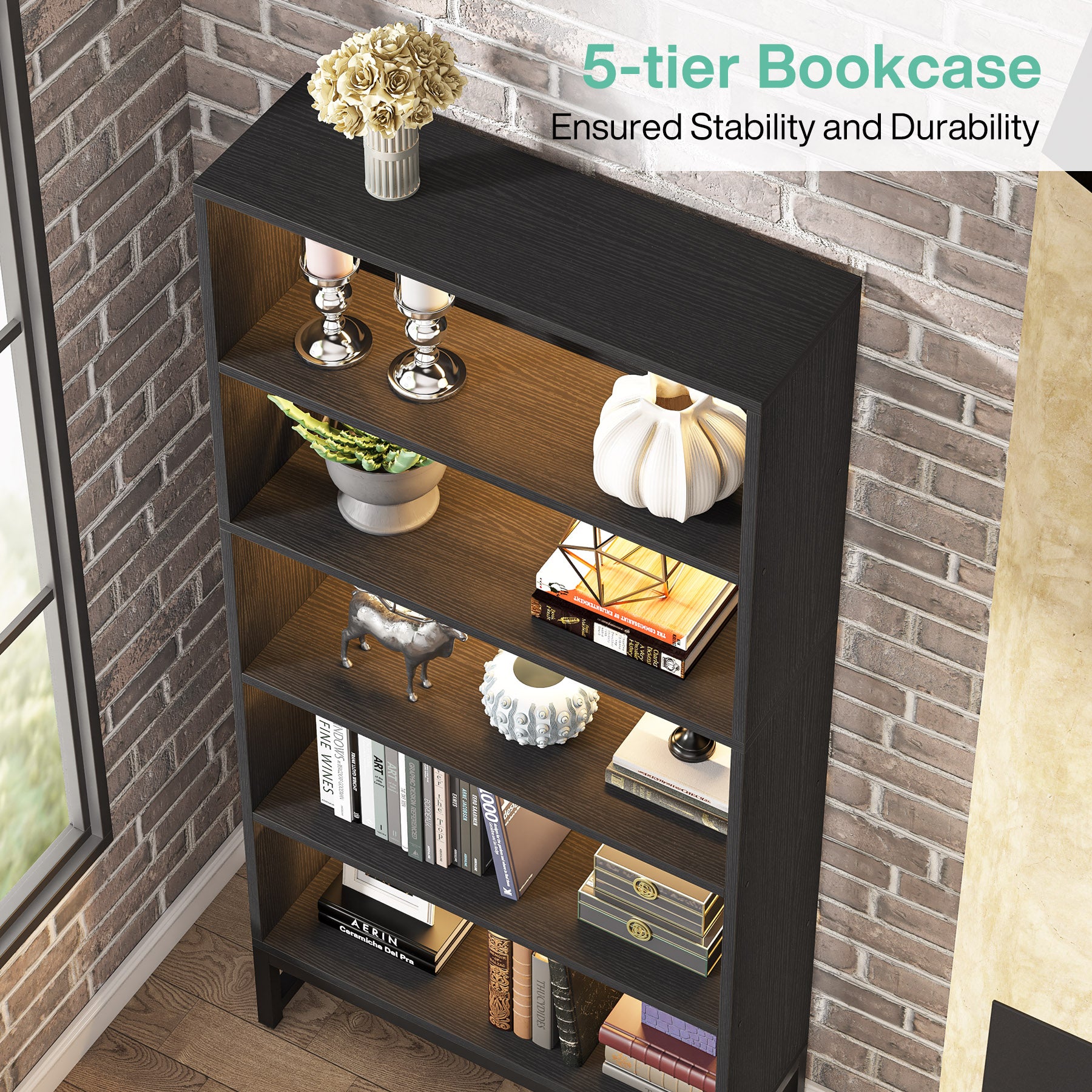 Tribesigns 180 cm hoge boekenkast met LED-verlichting, zwarte 5-laagse opbergkast