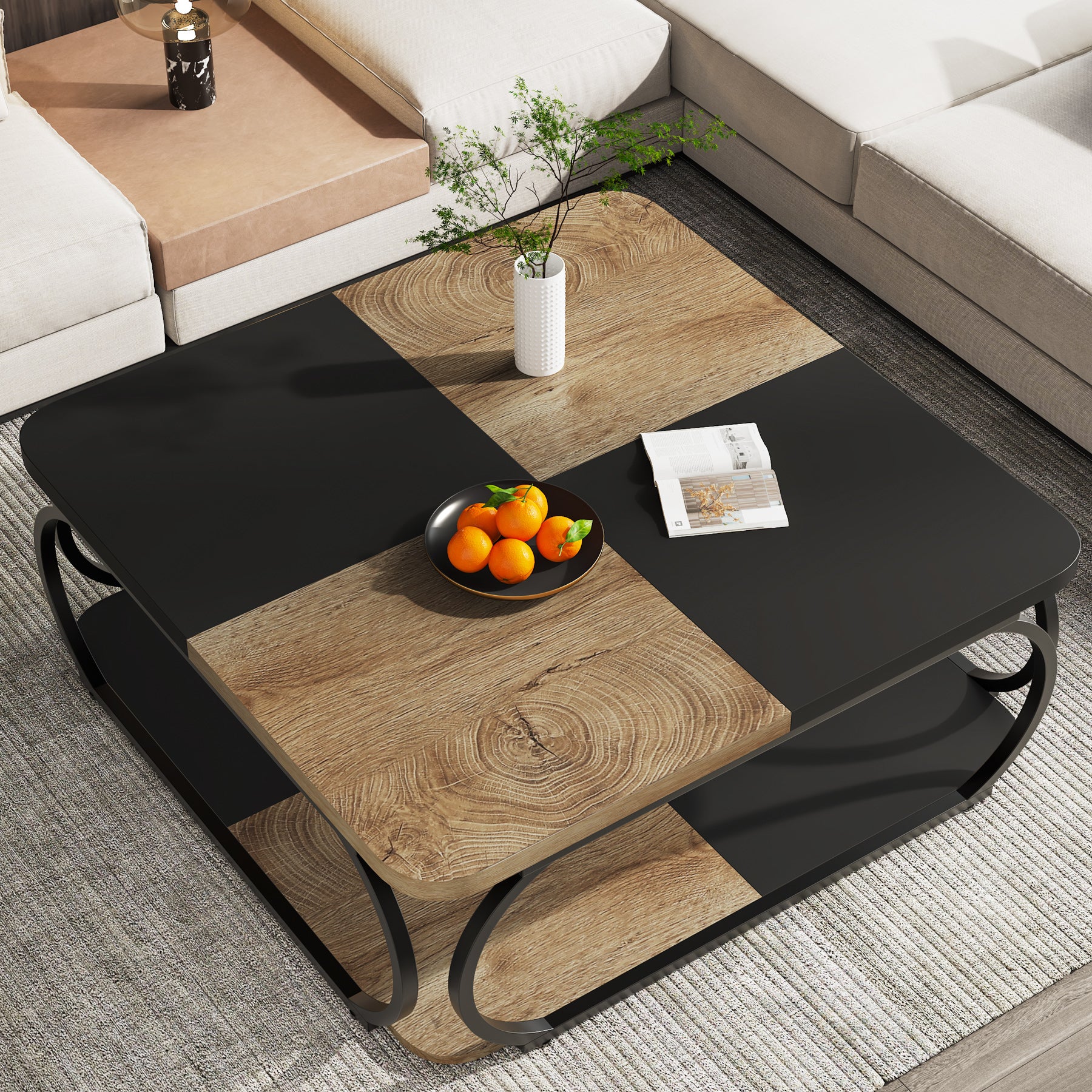 100 cm Vierkante Salontafel met Dubbele Planken, Landelijke Tafel met Metal Frame