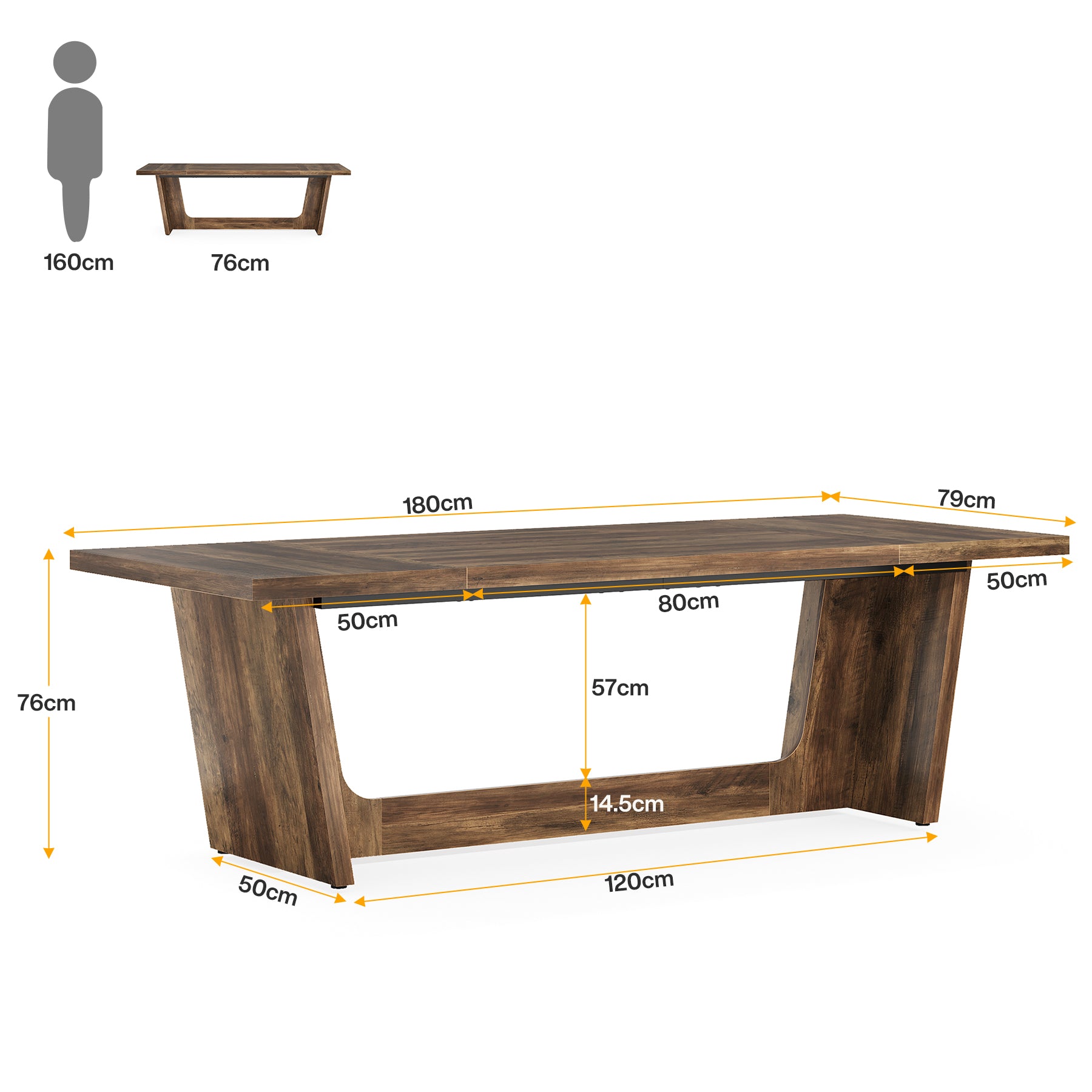 180x79 cm Industriële Eettafel, Bruine Landelijke Tafel voor 6-8 Personen