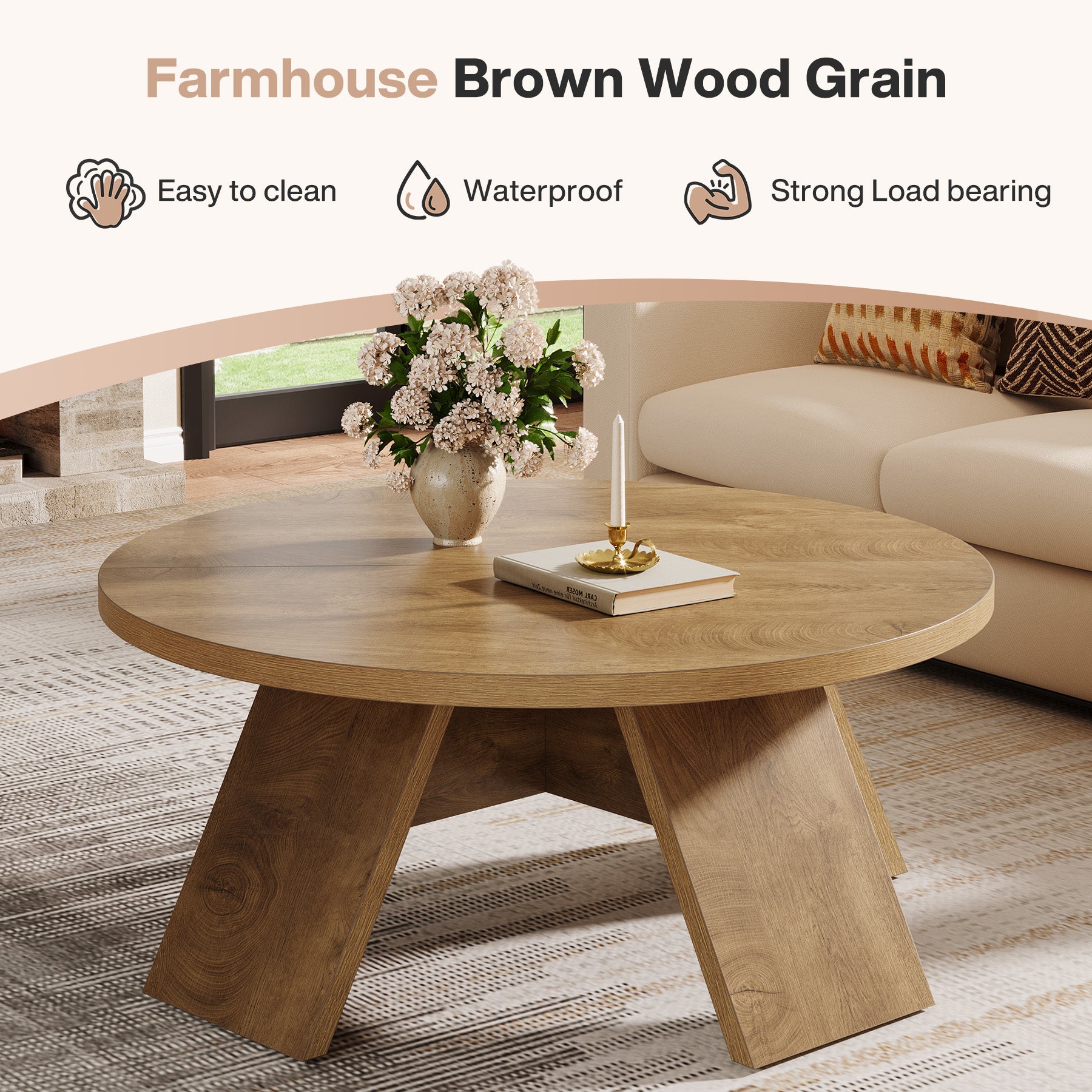 100 cm Ronde Houten Salontafel met Gespreide Poten, Modern Accent Tafel voor Woonkamer