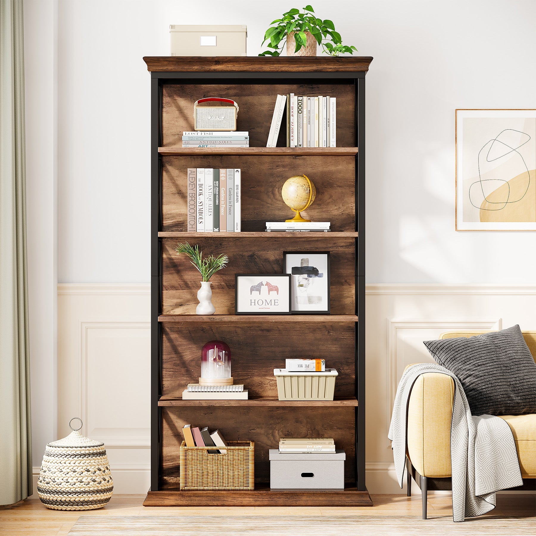 Industriële Boekenkast met Zes Planken, 180 cm Hoge Kast in Bruin en Zwart