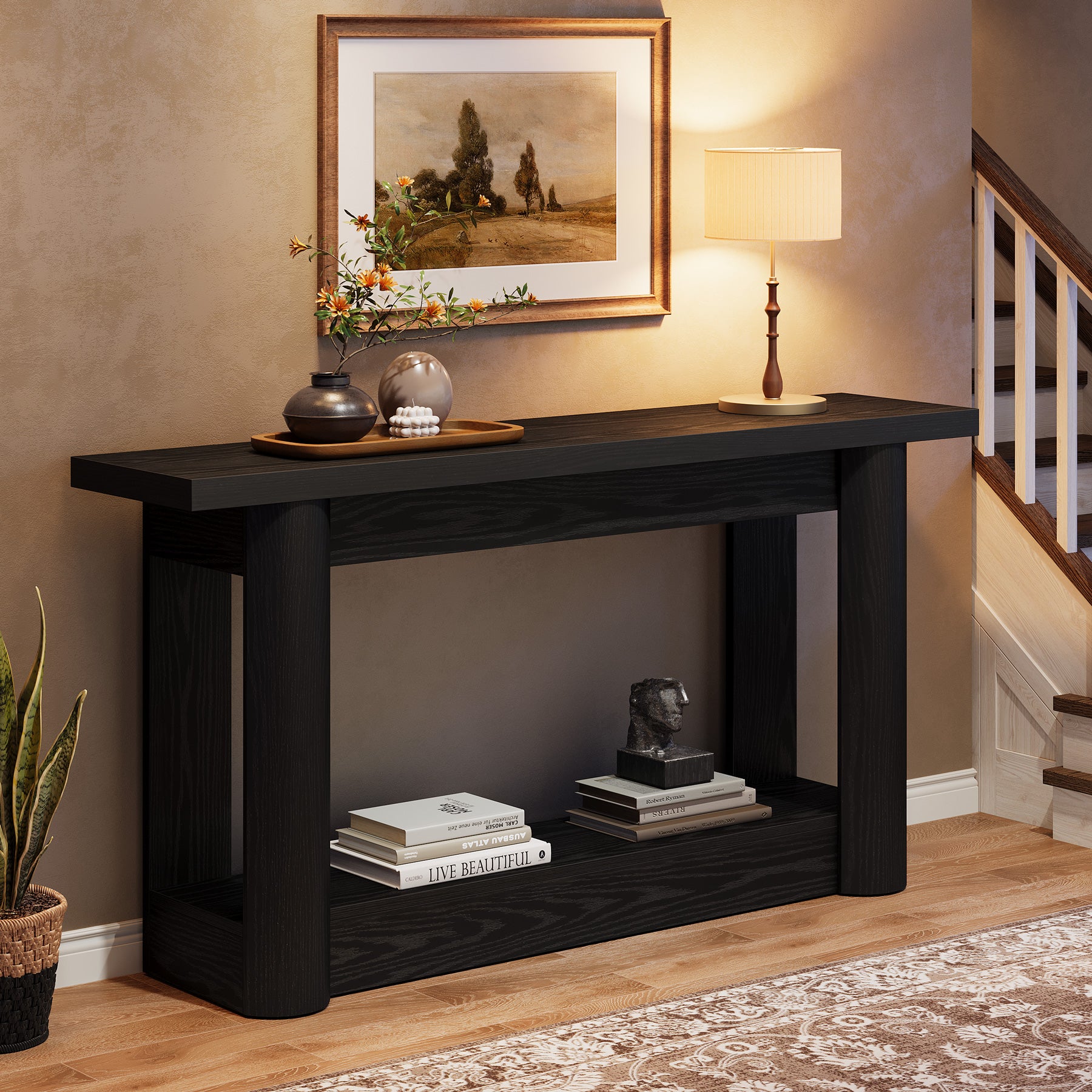 160 cm Landelijke Console met 2 Planken, Smalle Lange Salontafel in Rustiek Bruin voor Hal en Entree