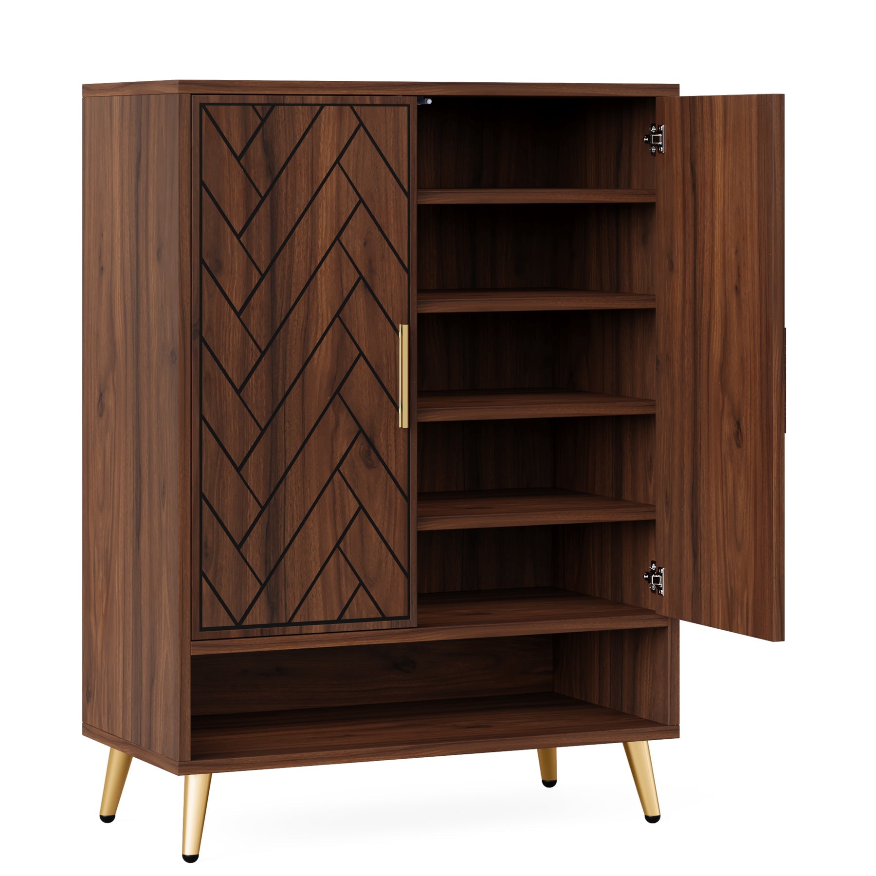 110 cm Schoenenkast met Deuren, Notenhouten Opbergmeubel met Zes Planken voor Hal en Slaapkamer