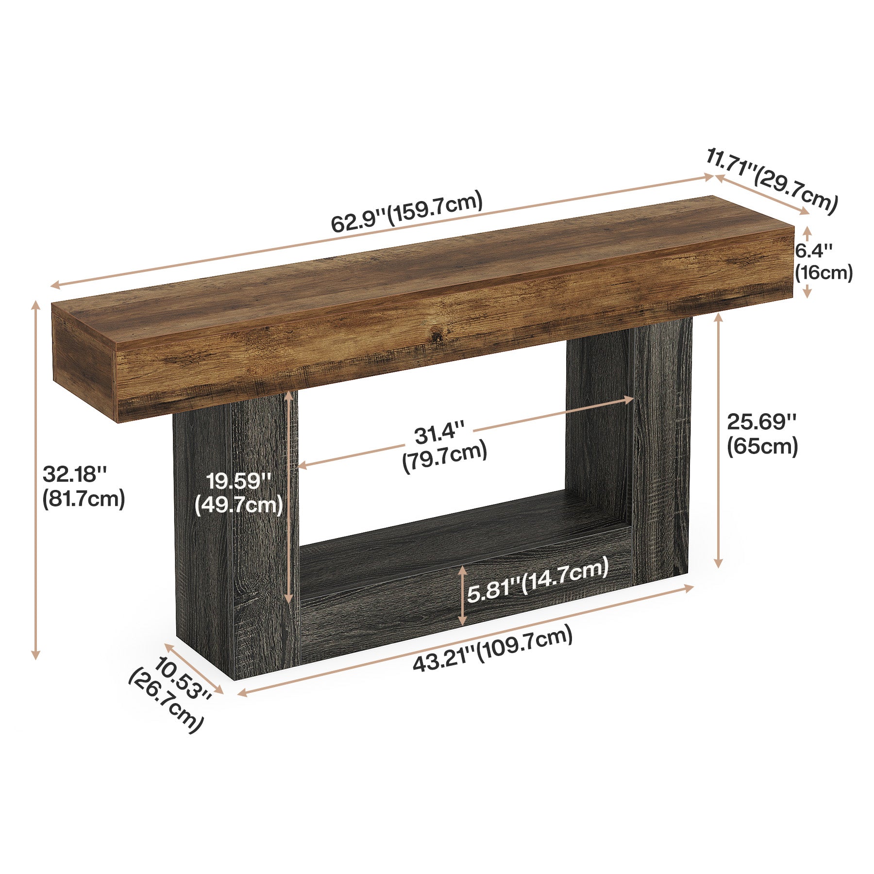 160 cm Boerenstijl Consoletafel, Tweelaagse Entreetafel met Opbergruimte in Rustiek Bruin