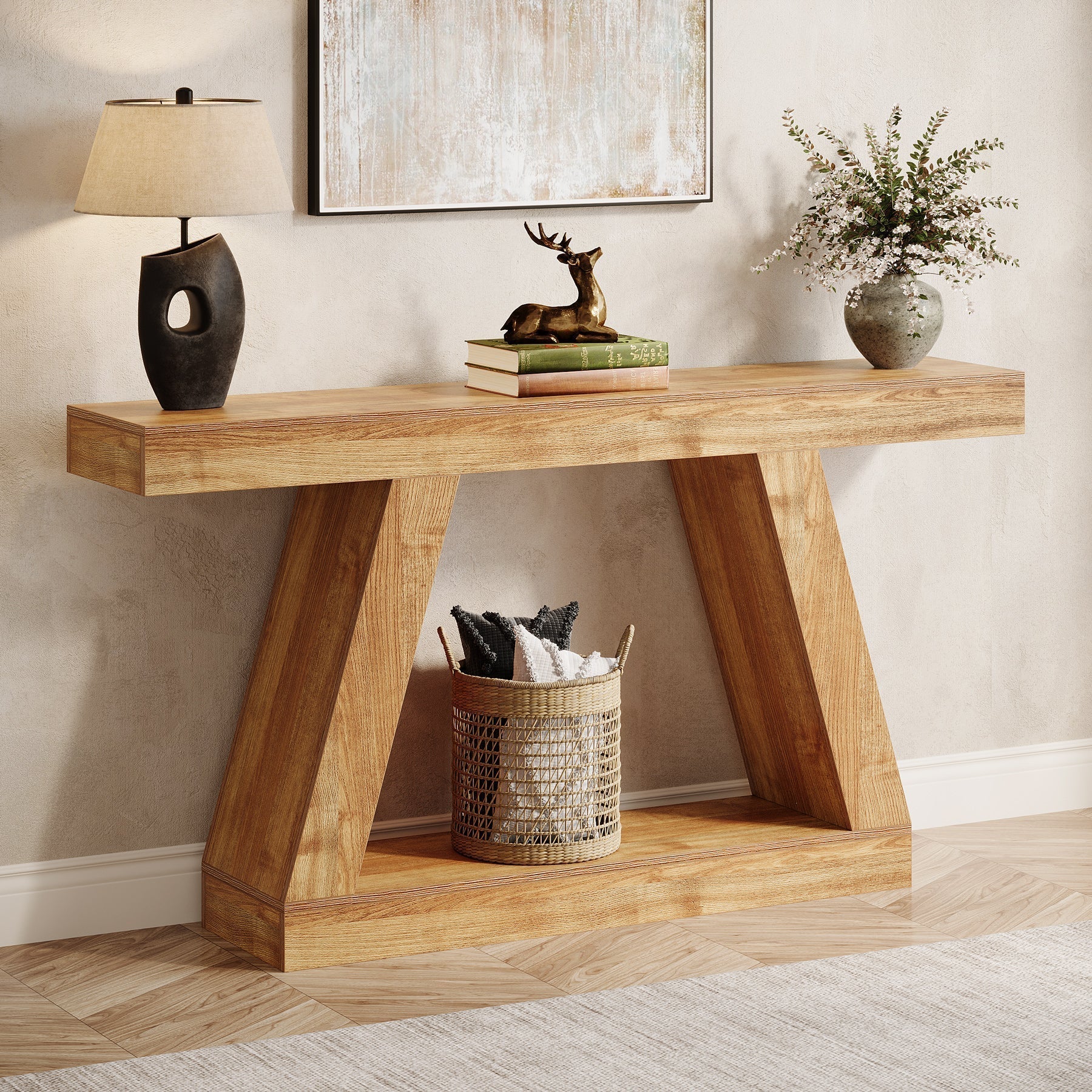 140 cm Landelijke Consoletafel, Industriële Houten Opbergtafel voor Hal en Woonkamer