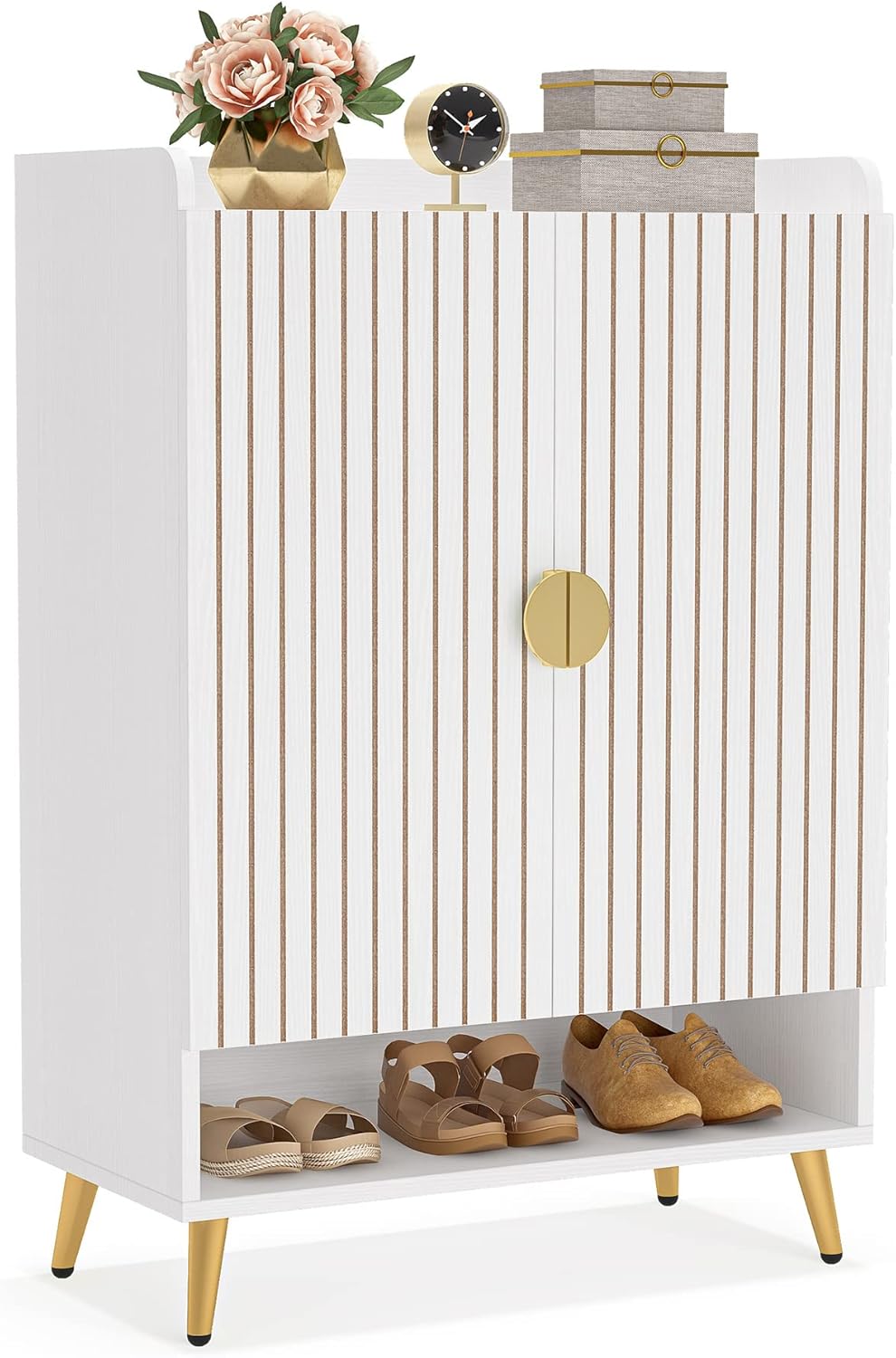 110 cm Schoenenkast, Witte Opbergmeubel met Zeven Planken en Gouden Frame