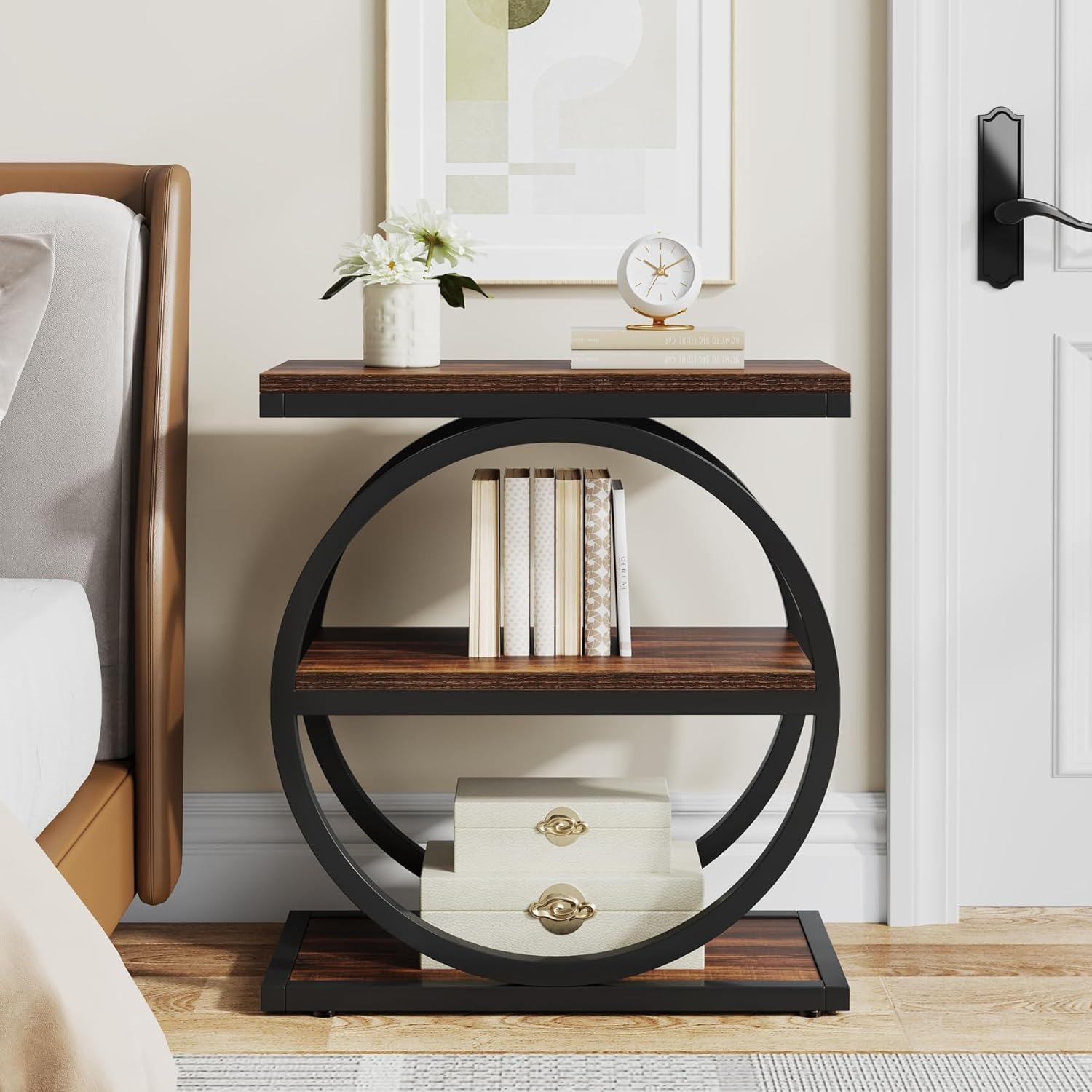 Industriële Bijzettafel met Drie Planken, Smalle Houten Zijtafel met Zwarte Metalen Frame