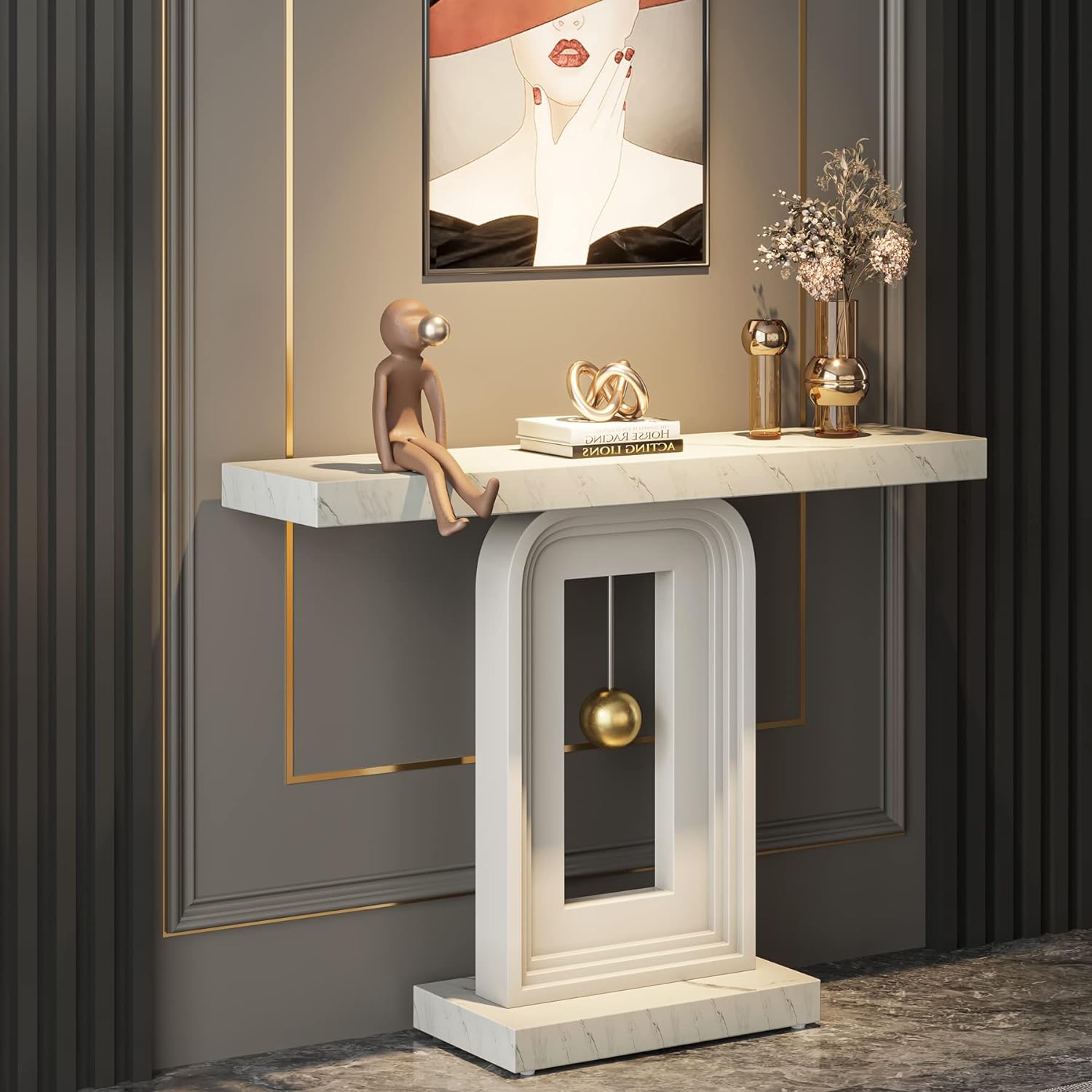 100 cm Moderne Consoletafel, Smalle Banktafel met Slinger Vorm Basis voor Woonkamer