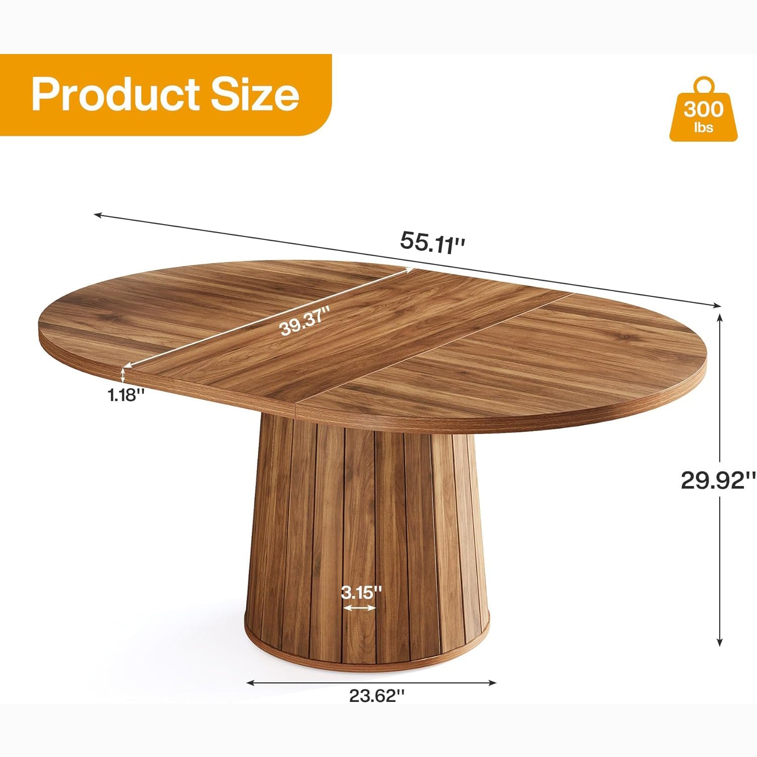 140 cm Ovale Eettafel voor 6 Personen, Boerderijstijl met Houten Blad en Cilindrische Basis in Bruin