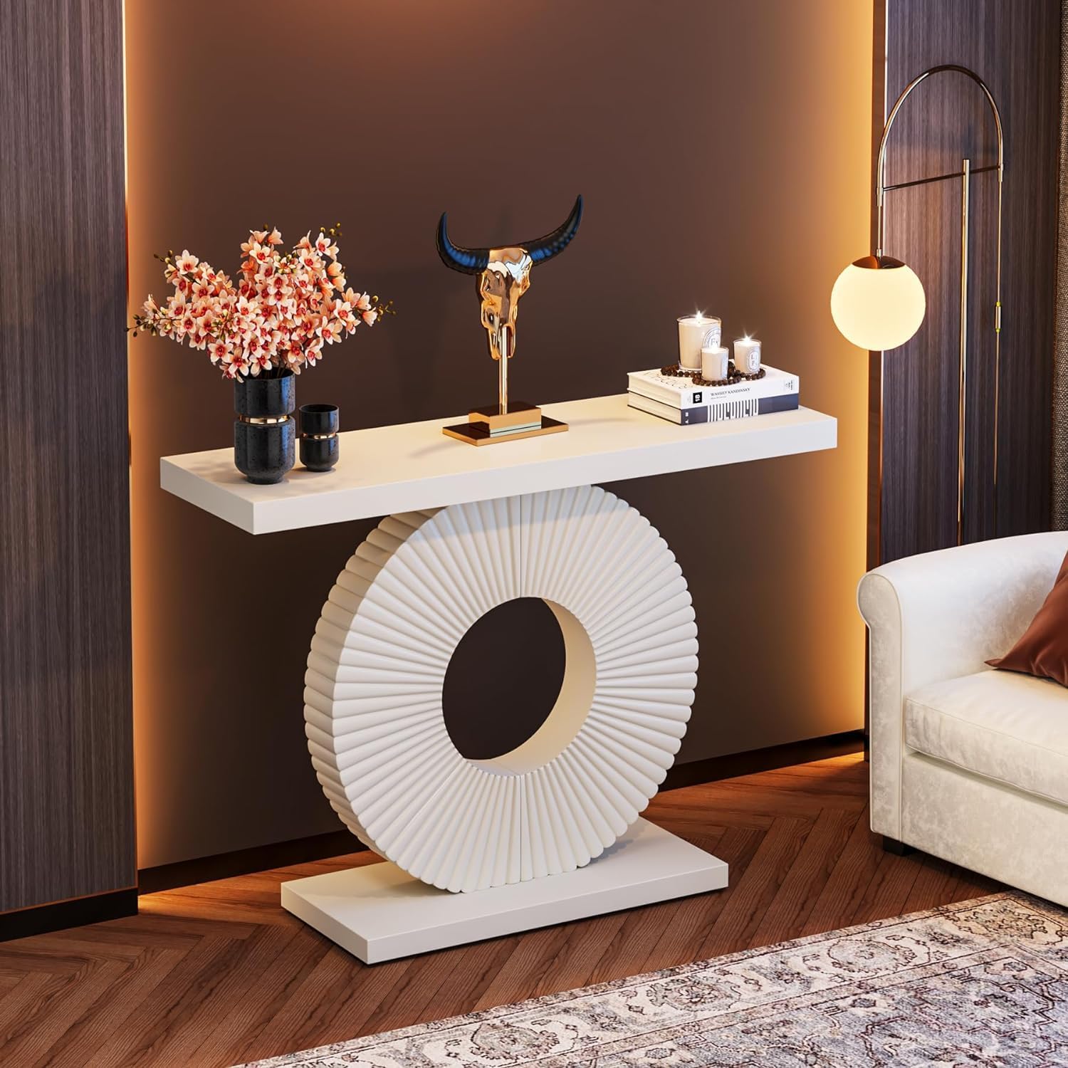 100 cm Smalle Consoletafel, Moderne Witte Tafel Met Geometrisch Onderstel Voor Entree Hal Of Woonkamer