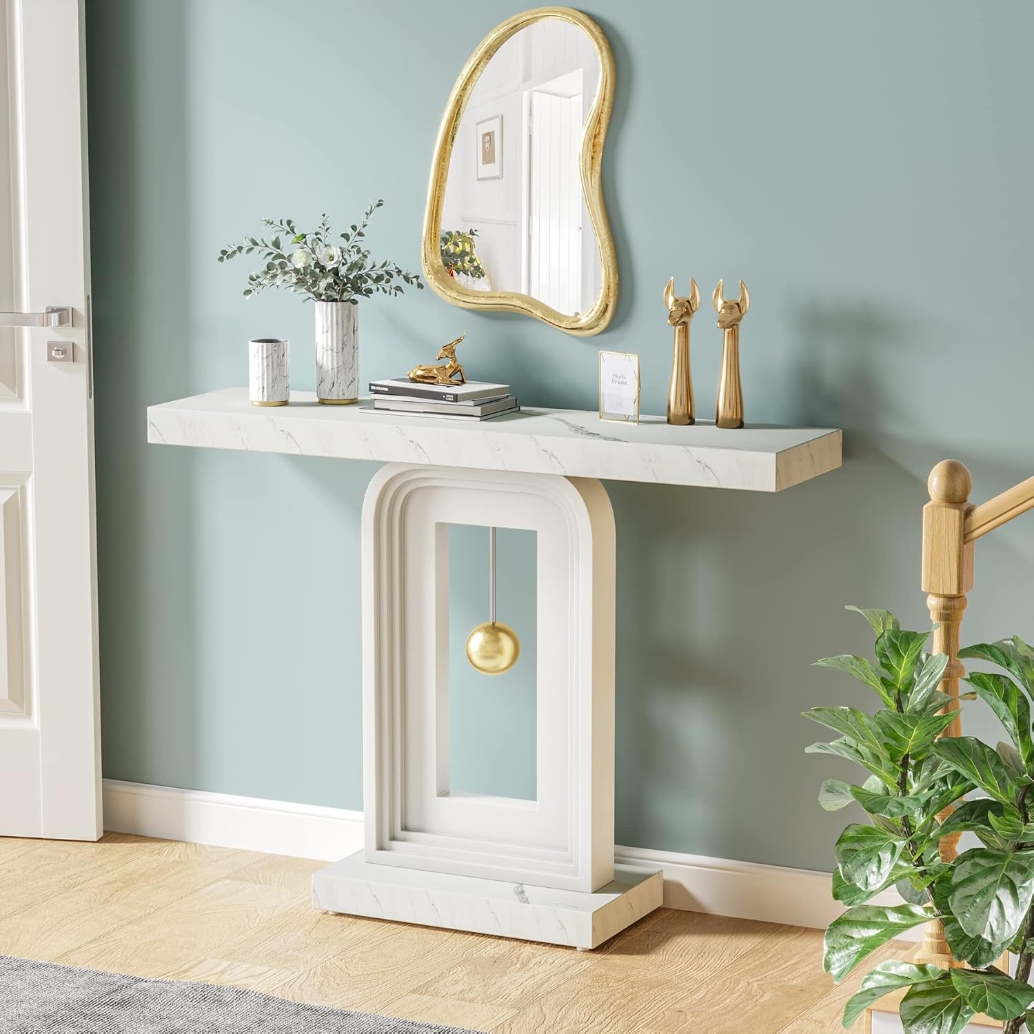 100 cm Moderne Consoletafel, Smalle Banktafel met Slinger Vorm Basis voor Woonkamer