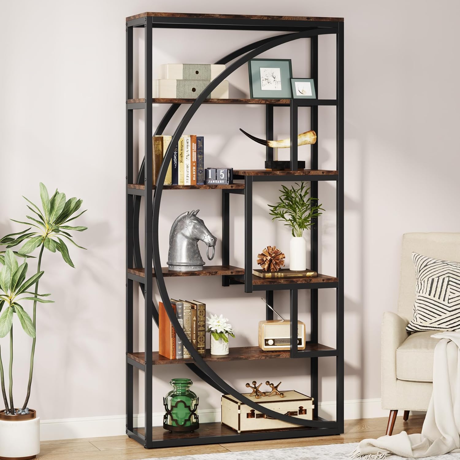 180 cm Hoge Industriële Boekenkast, 5 Planken Met 8 Open Opbergvakken voor Woonkamer en Kantoor