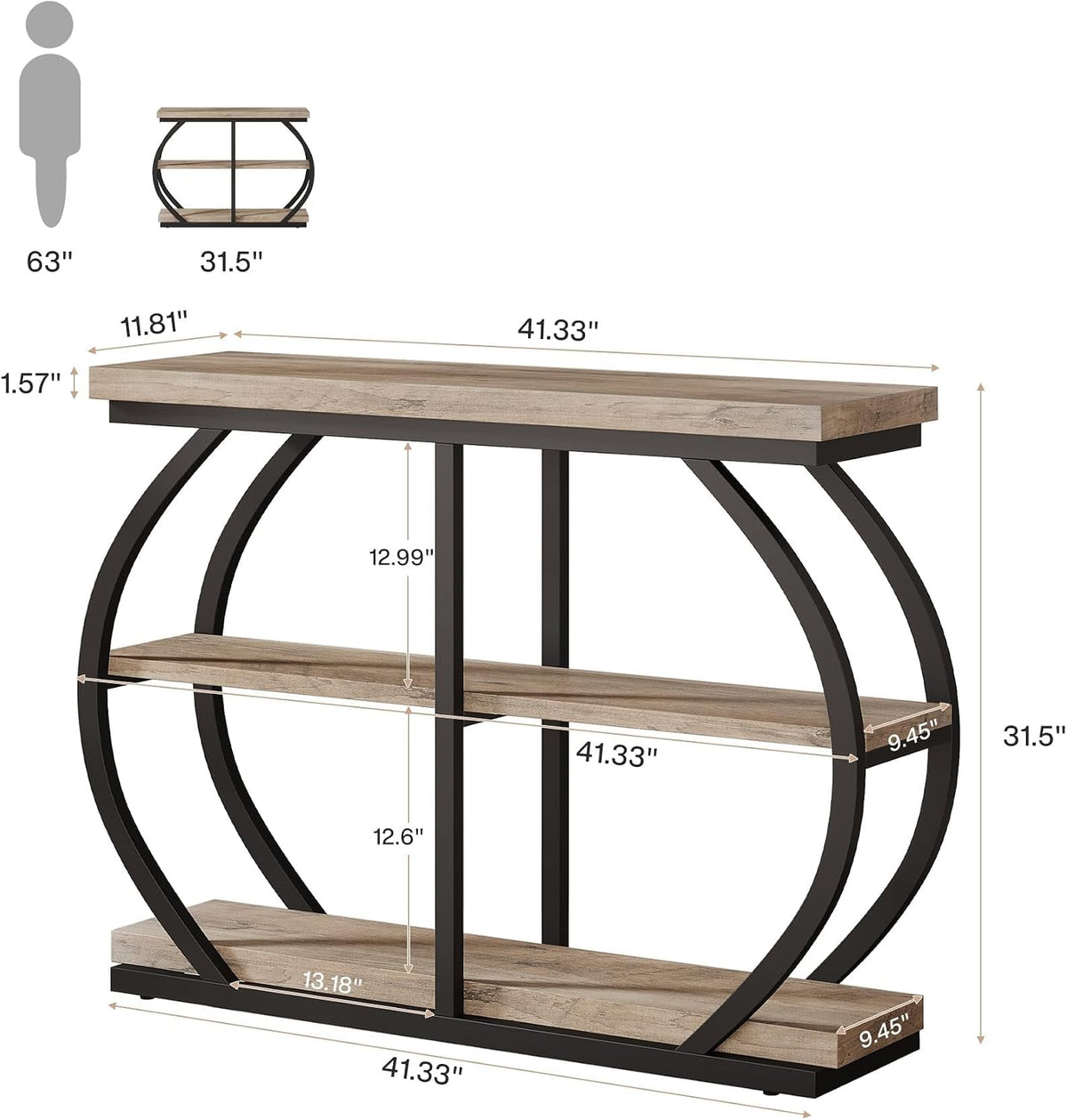 105 cm Industriële Consoletafel met 3 Planken, Gebogen Metalen Frame voor Woonkamer en Hal