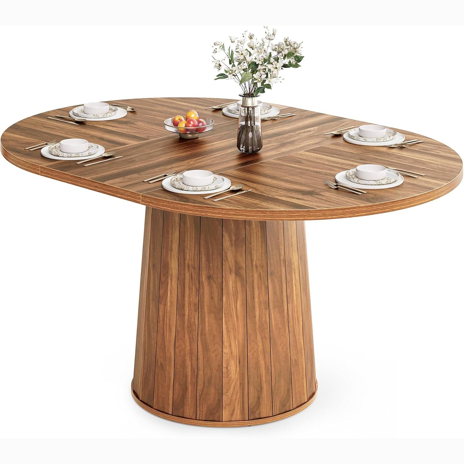 140 cm Ovale Eettafel voor 6 Personen, Boerderijstijl met Houten Blad en Cilindrische Basis in Bruin