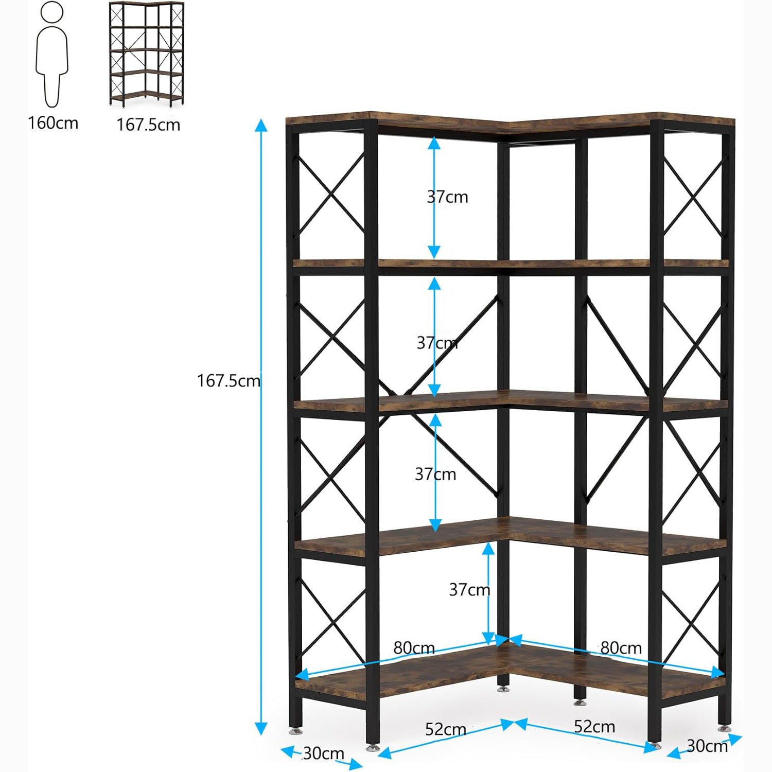 Tribesigns Hoekboekenkast 167,5 cm Industrieel, Open Boekenkast 5 Planken
